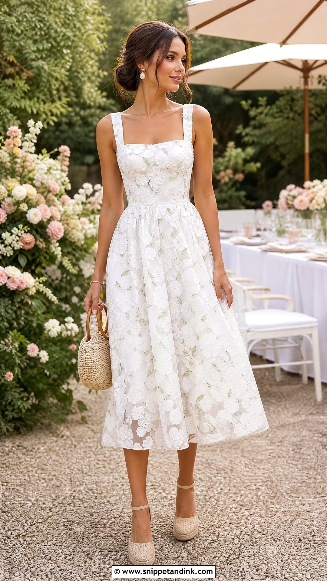 White Floral Midi Dress Bachelorette Outfit - Snippet and Ink - 20 Summer Bride Bachelorette Outfit Ideas