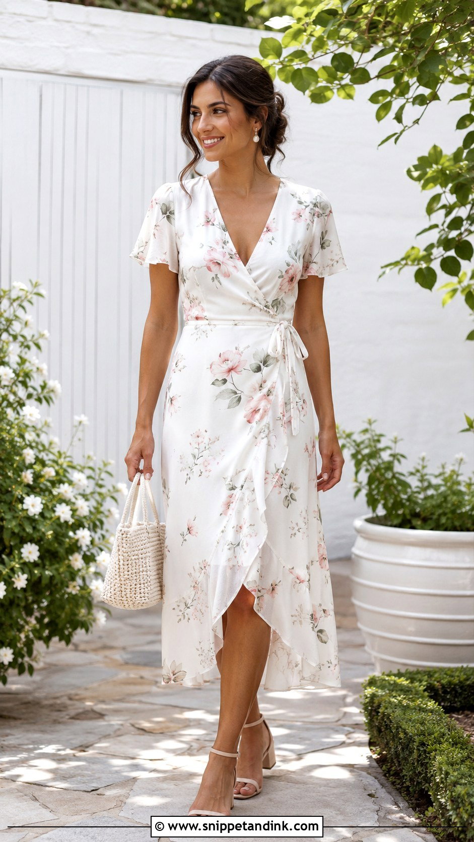 White Floral Midi Dress Bridal Bachelorette Party Outfit - Snippet and Ink - 20 Bridal Bachelorette Party Outfit Ideas