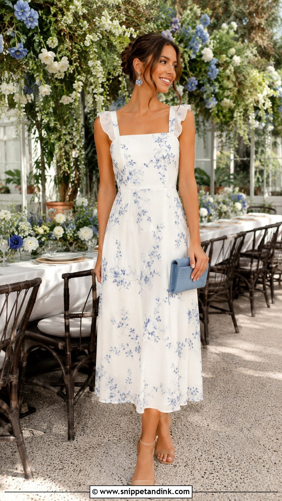 White Floral Midi Dress Bride Rehearsal Dinner Outfit - Snippet and Ink - 20 Bride Rehearsal Dinner Outfit Ideas