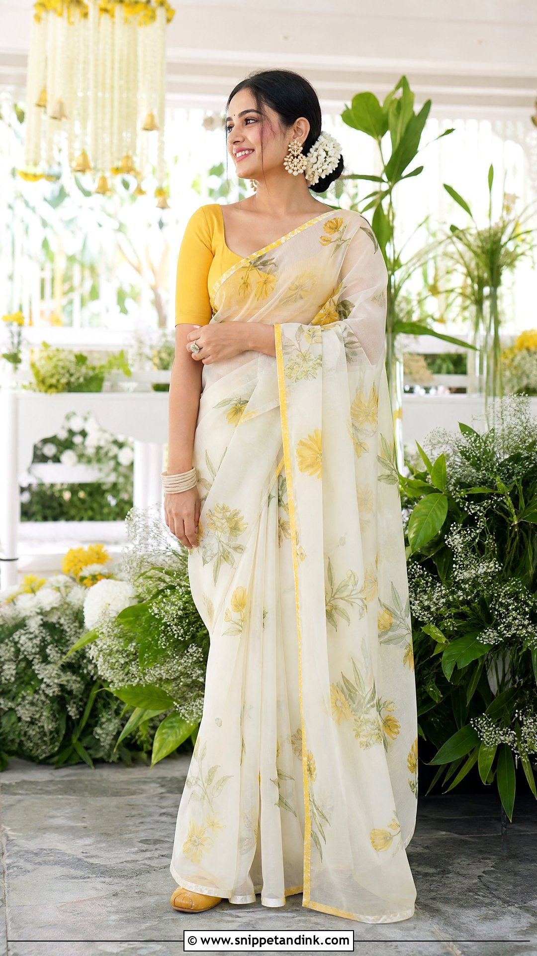White Floral Organza Haldi Saree - Snippet and Ink - 20 Unique Haldi Outfit for Bride Ideas
