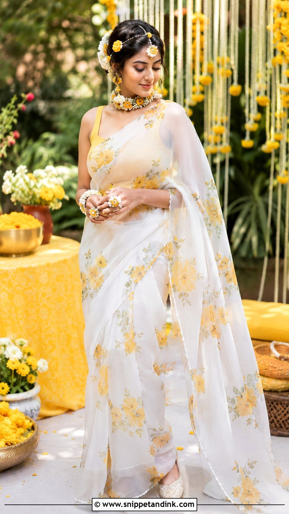 White Floral Saree Bride Haldi Outfit - Snippet and Ink - 20 Bride Haldi Outfit Ideas