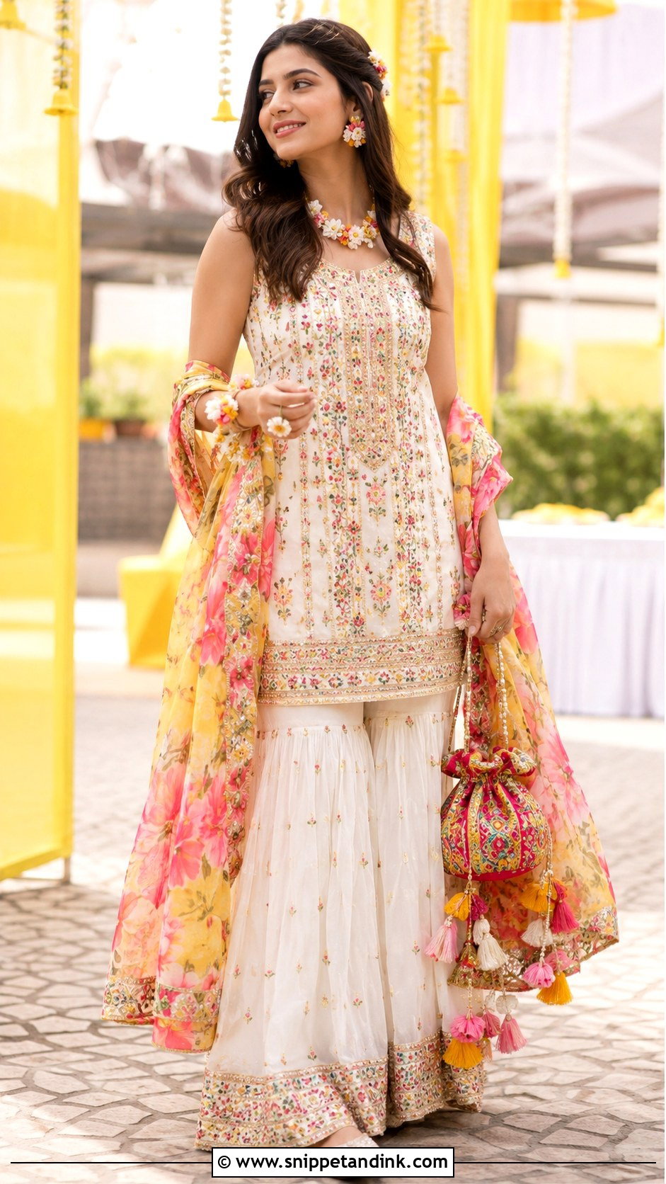 White Floral Sharara For Sister Wedding Haldi - Snippet and Ink - 20 Indian Sisters Wedding Dresses