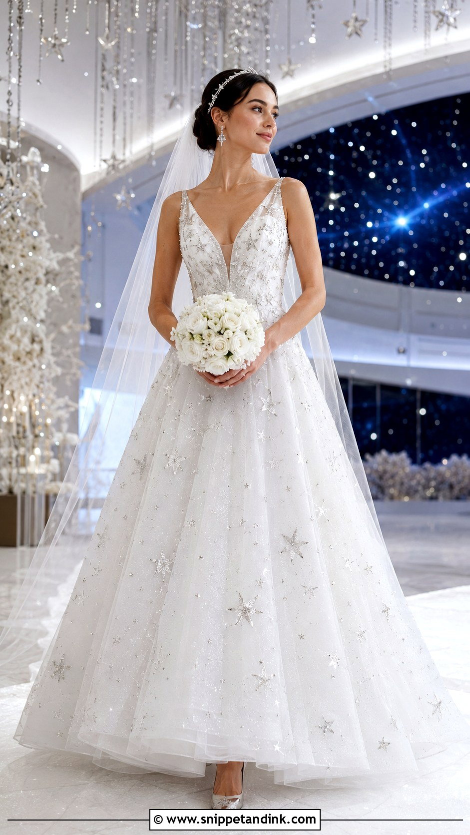 White Galaxy Wedding Dress With Silver Stars - Snippet and Ink - 20 Galaxy Wedding Dress Ideas