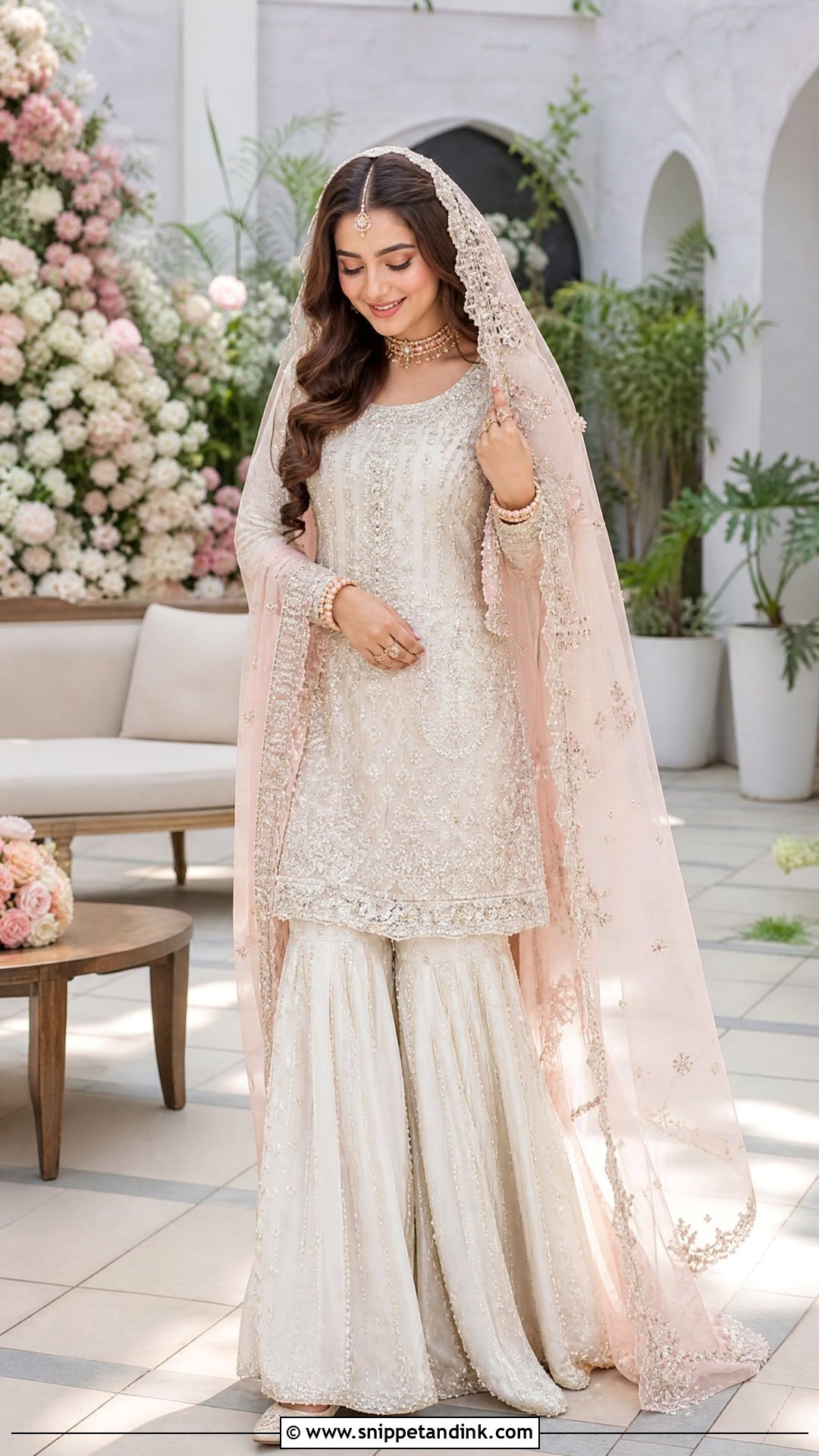 White Garara With Blush Pink Dupatta - Snippet and Ink - 20 White Garara Dress Pakistani Bridal Ideas