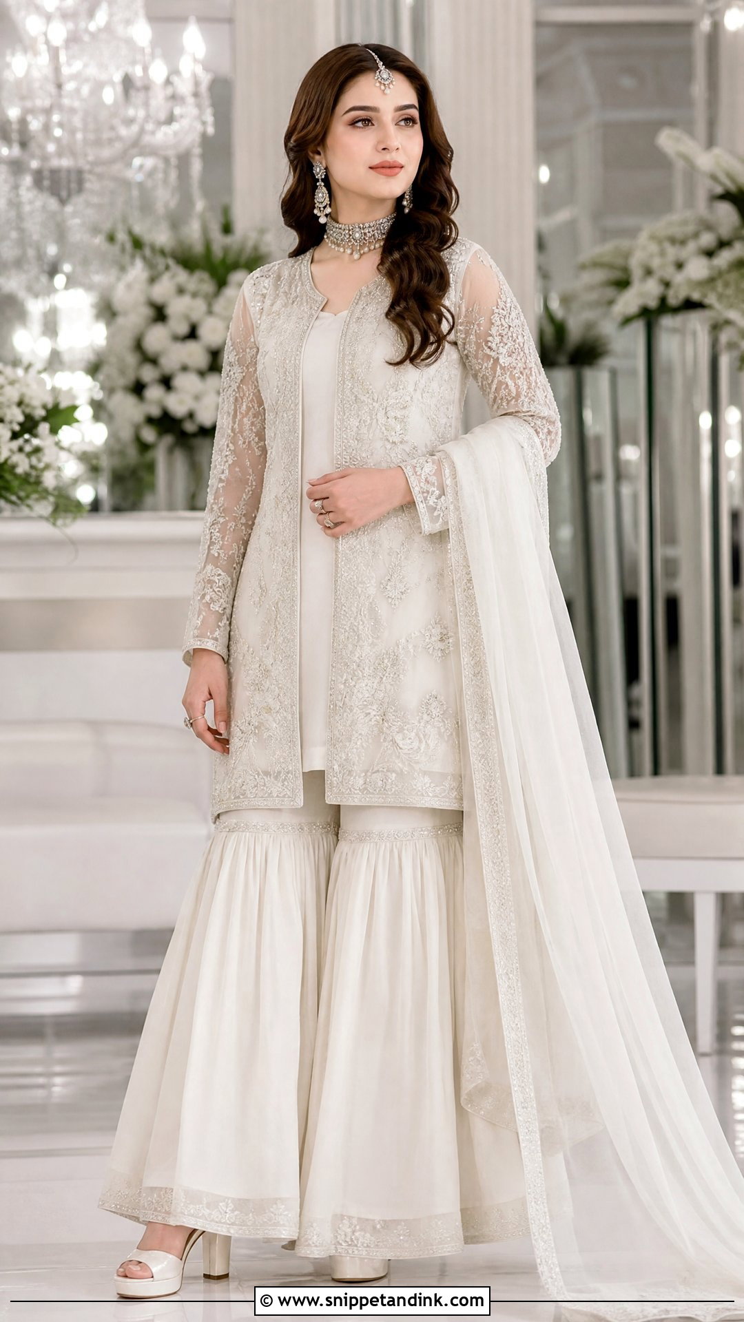 White Garara With Embroidered Jacket - Snippet and Ink - 20 White Garara Dress Pakistani Bridal Ideas