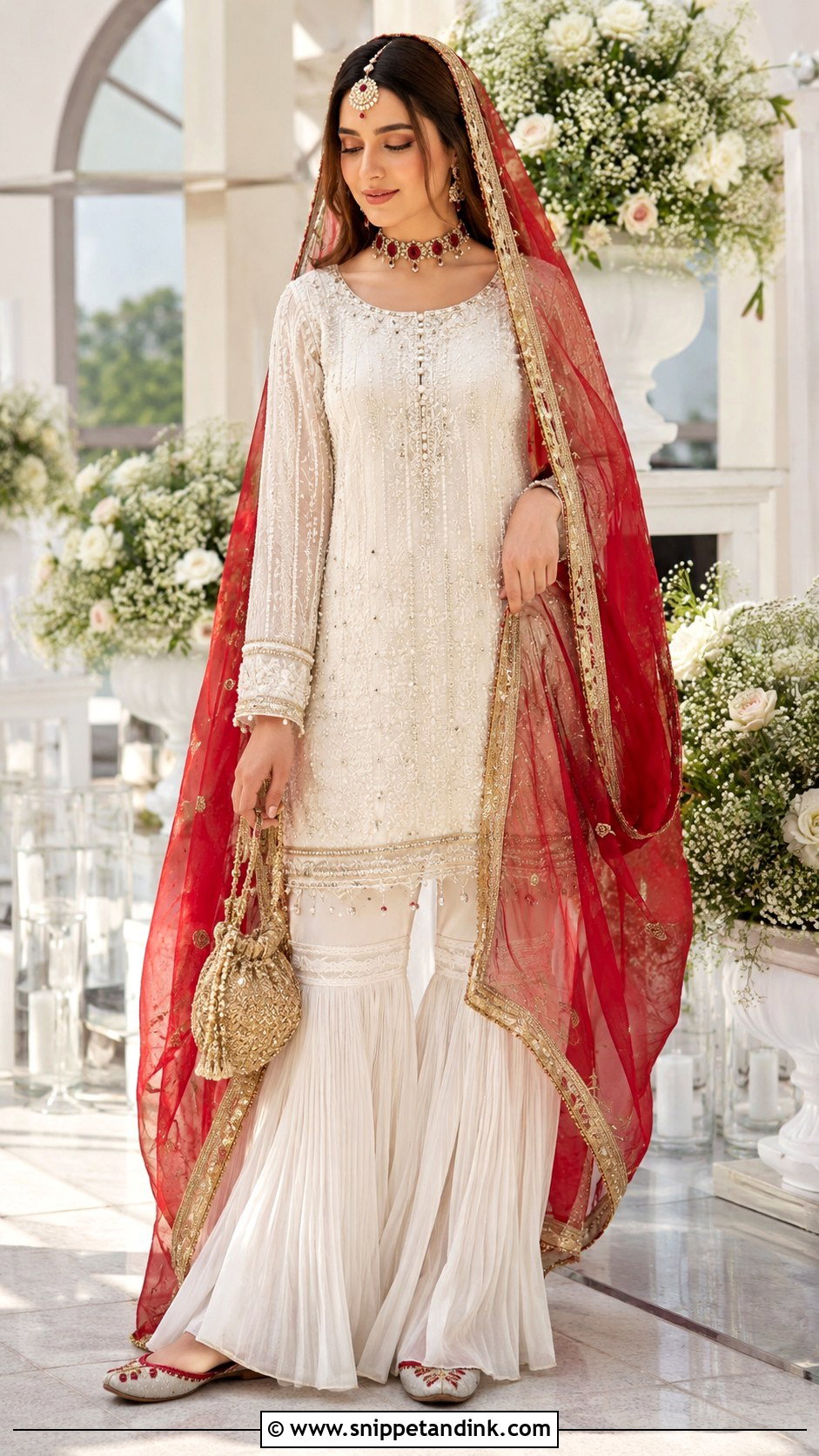 White Garara With Red Dupatta Outfit - Snippet and Ink - 20 Nikah Garara Ideas