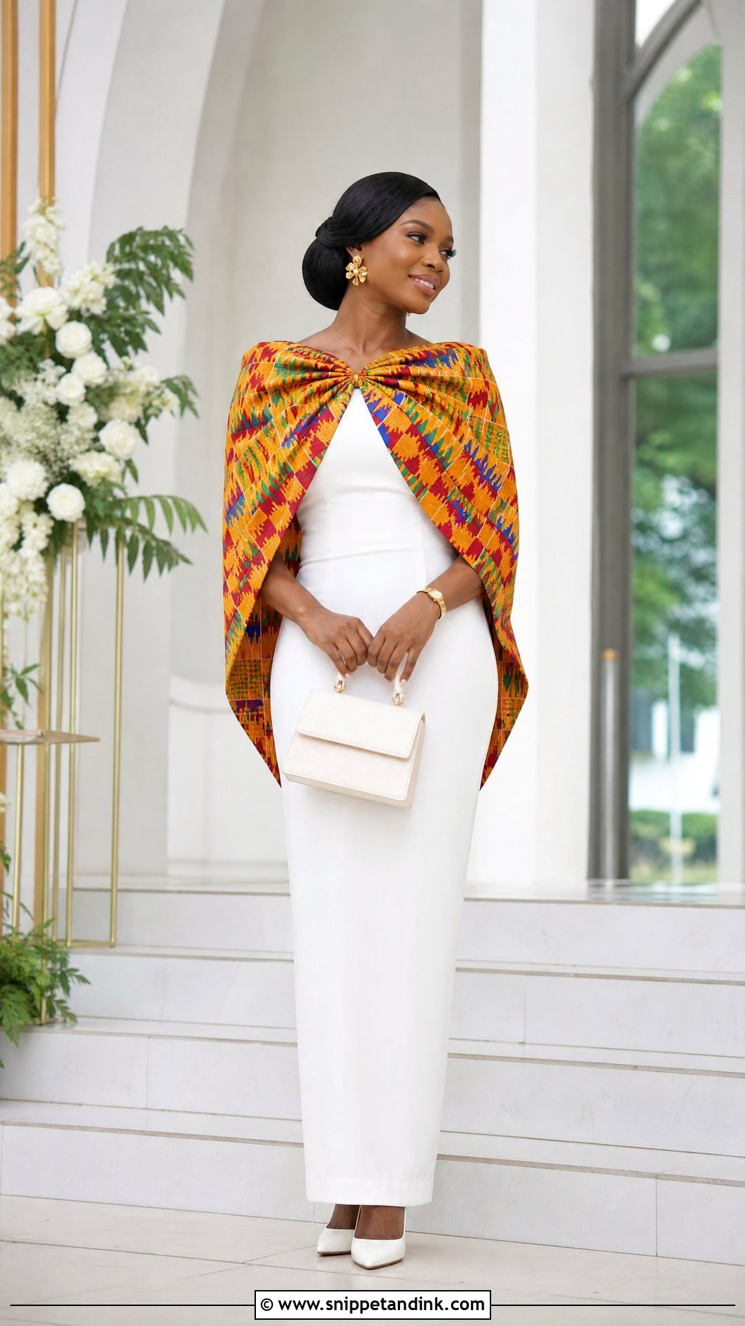 White Ghana Wedding Dress With Kente Cape - Snippet and Ink - 25 Ghana Wedding Dress Ideas
