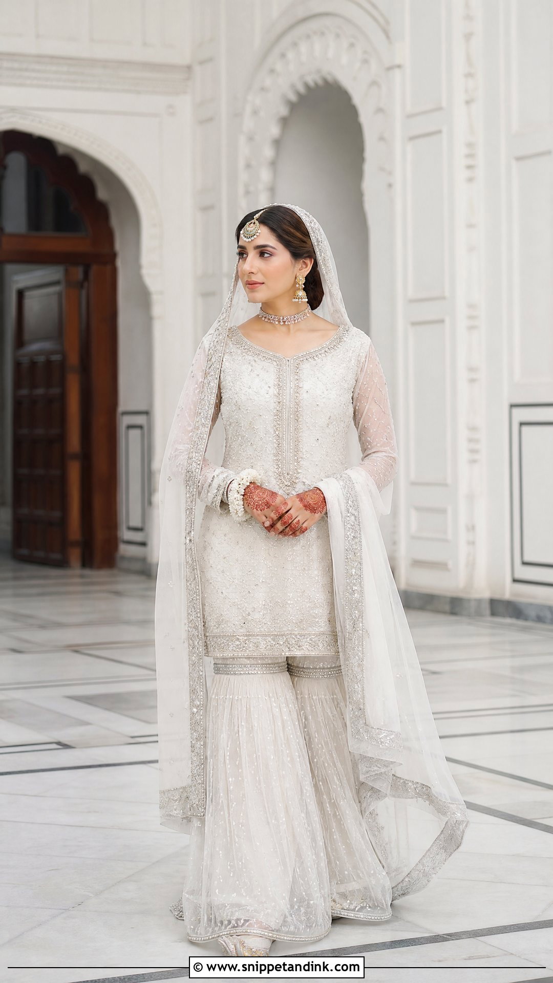 White Gharara Nikah Dress With Short Kameez - Snippet and Ink - 20 Pakistani Bridal Nikah Dress Ideas