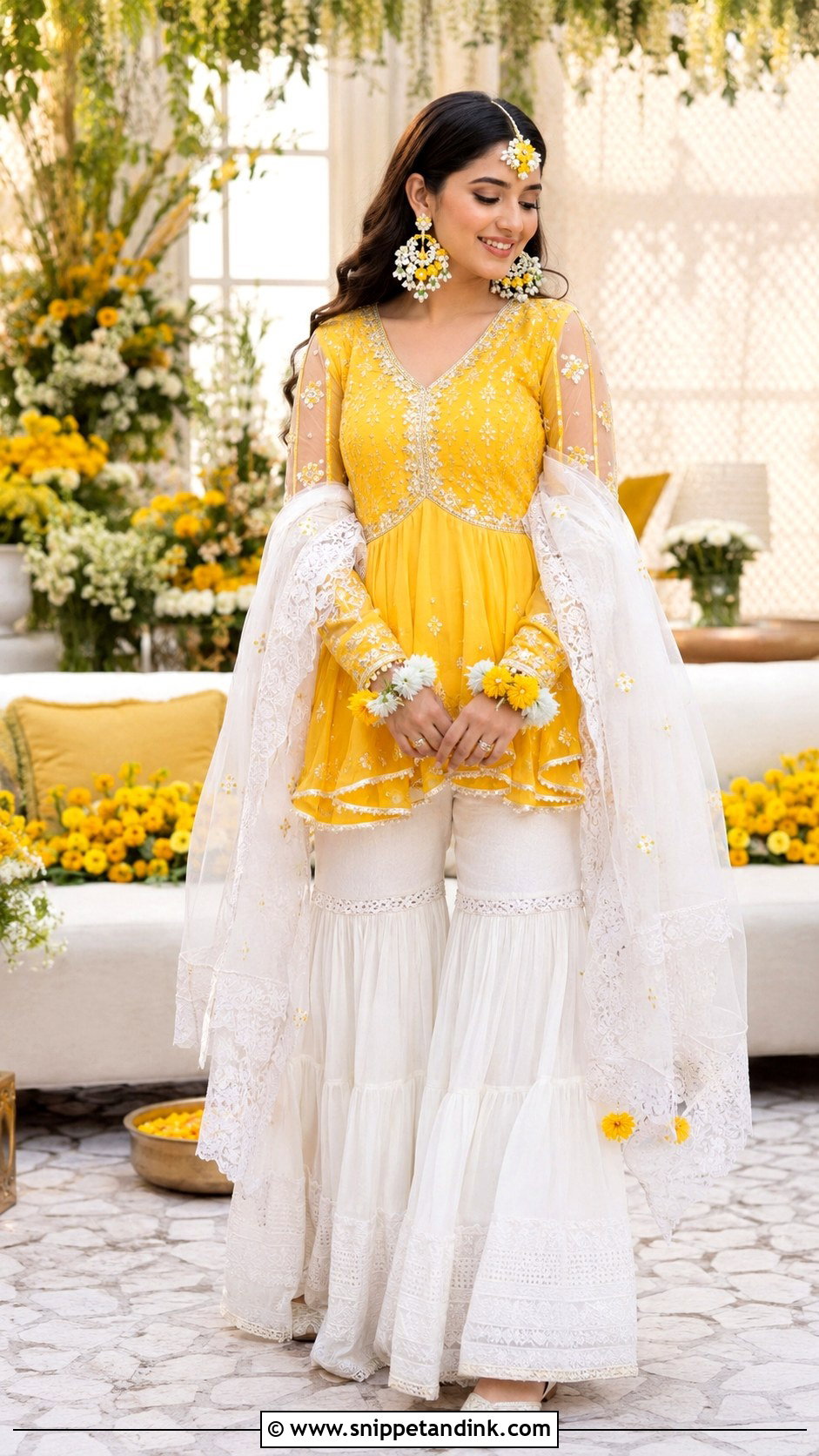 White Gharara With Yellow Peplum Top - Snippet and Ink - 20 White and Yellow Haldi Outfit Ideas