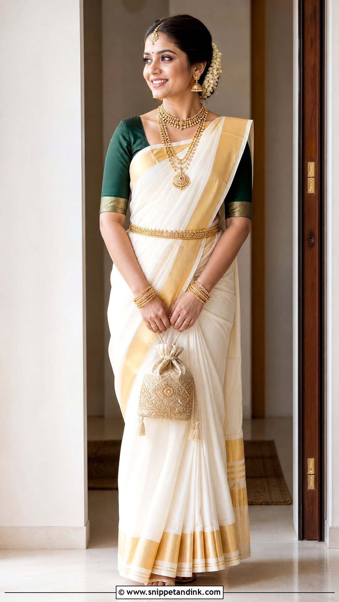 White Gold Kasavu Indian Bridal Saree - Snippet and Ink - 20 Indian Bridal Wedding Dresses