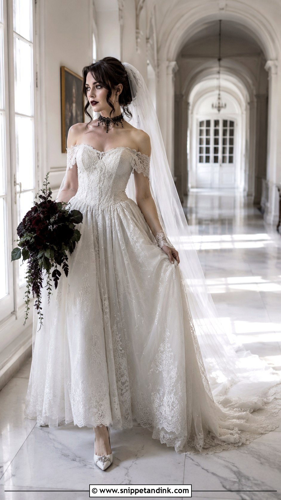 White Gothic Off Shoulder Wedding Dress - Snippet and Ink - 25 Gothic White Wedding Dress Ideas