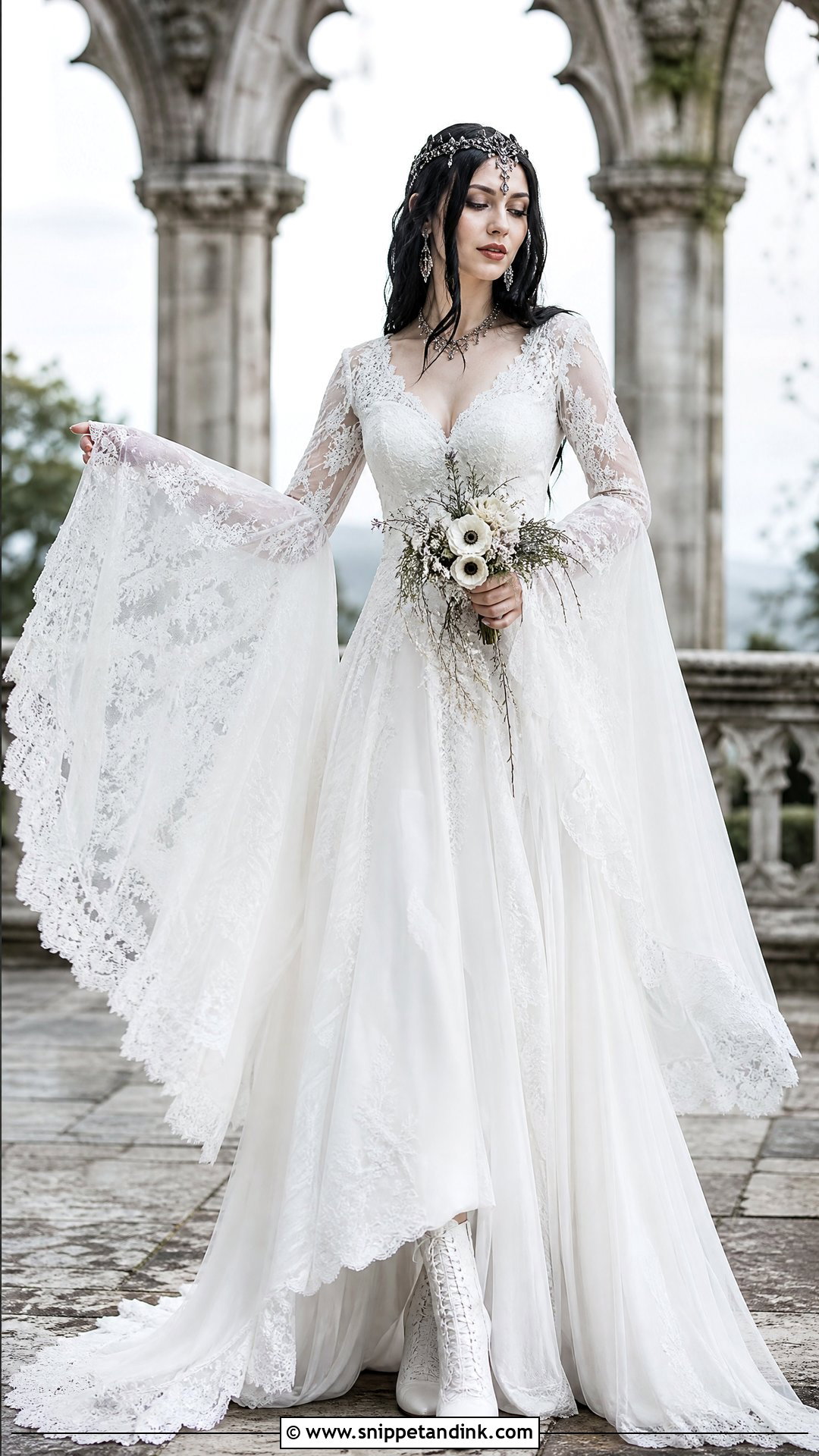 White Gothic Wedding Dress With Bell Sleeves - Snippet and Ink - 25 White Goth Wedding Dress Ideas