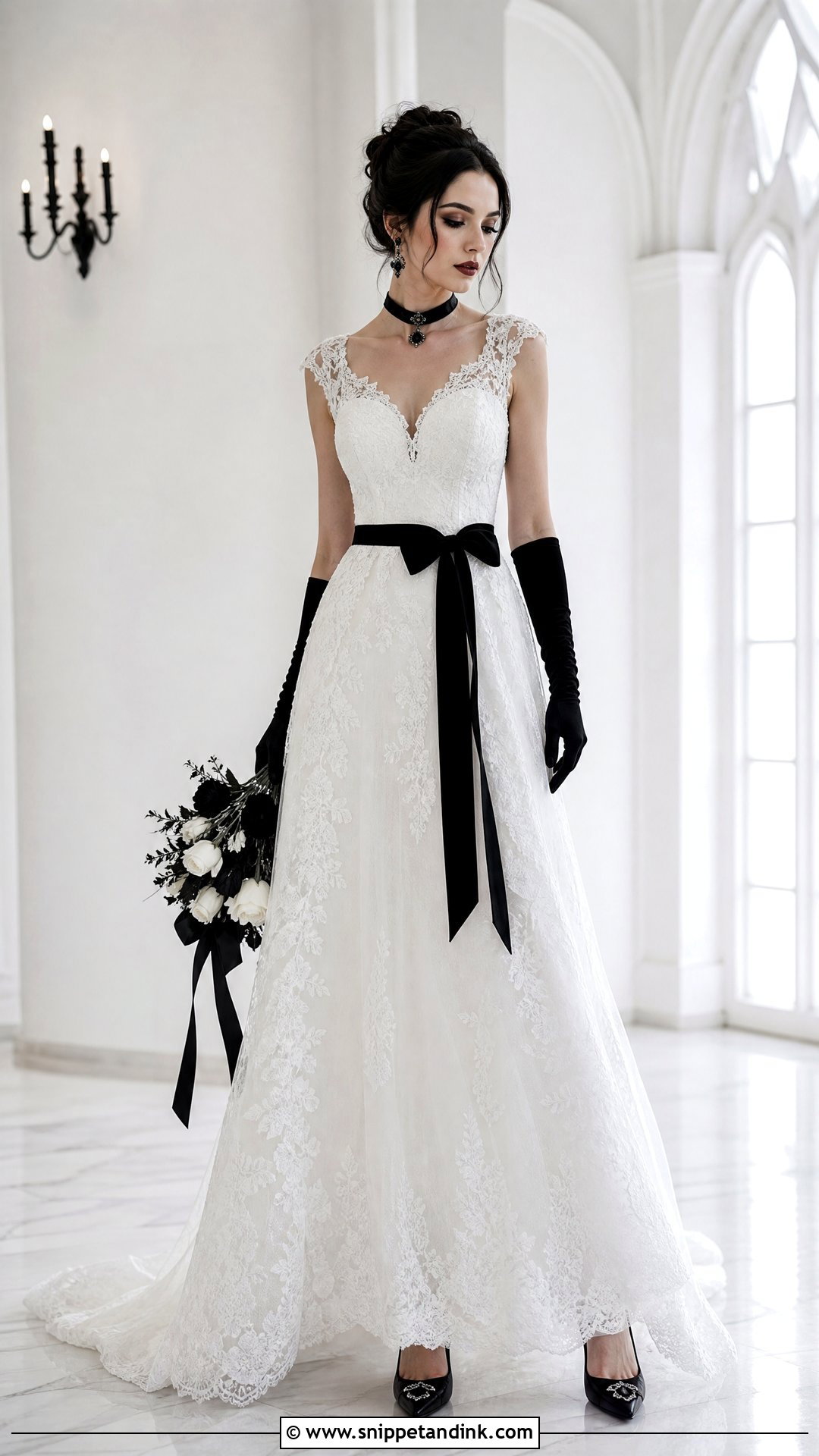 White Gothic Wedding Dress With Black Accessories - Snippet and Ink - 25 White Goth Wedding Dress Ideas