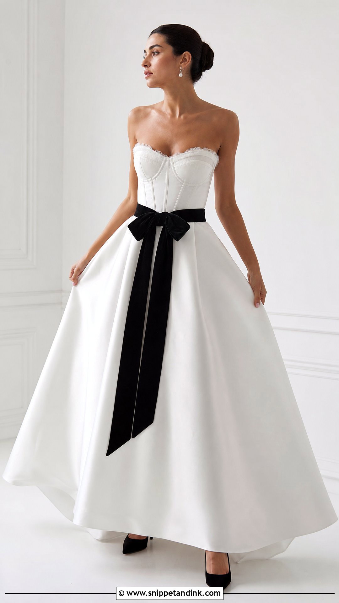 White Gothic Wedding Dress With Black Bow - Snippet and Ink - 25 White Goth Wedding Dress Ideas