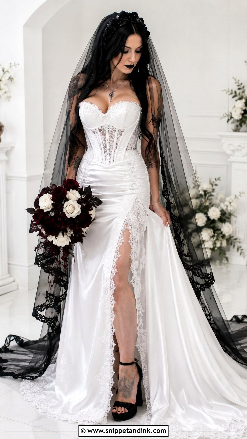 White Gothic Wedding Dress With Black Veil - Snippet and Ink - 30 Witchy Wedding Dress Ideas