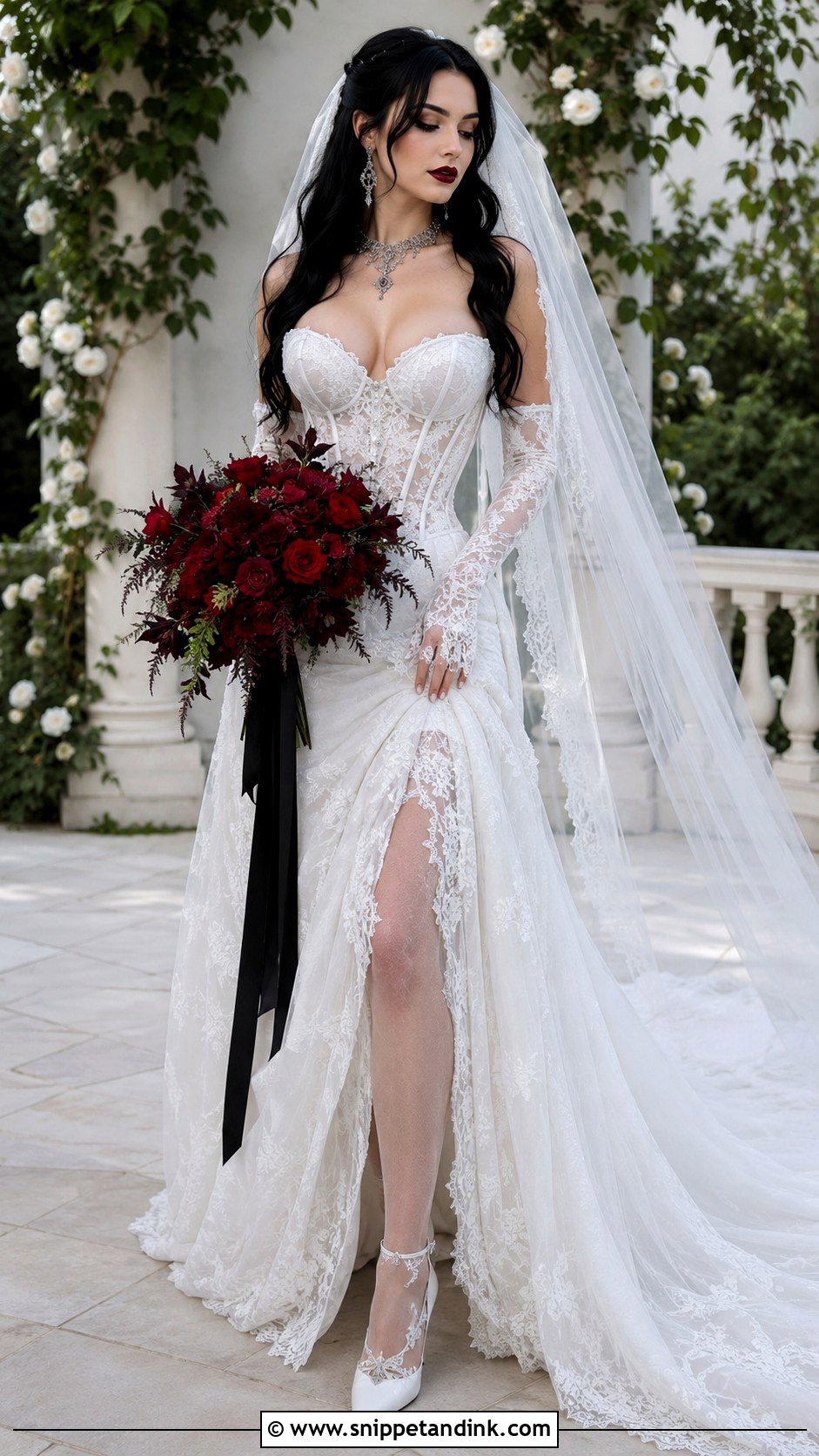 White Gothic Wedding Dress With Red Bouquet - Snippet and Ink - 25 Gothic White Wedding Dress Ideas