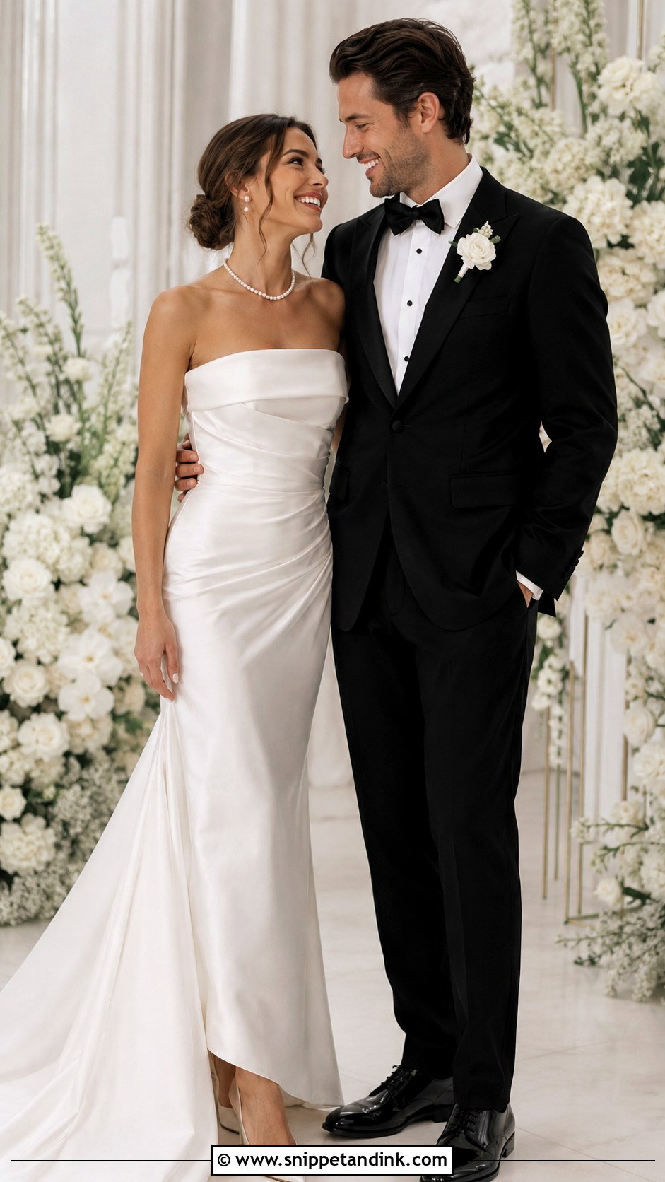 White Gown And Black Tuxedo Couple Wedding Outfit - Snippet and Ink - 20 Couple Matching Wedding Outfits