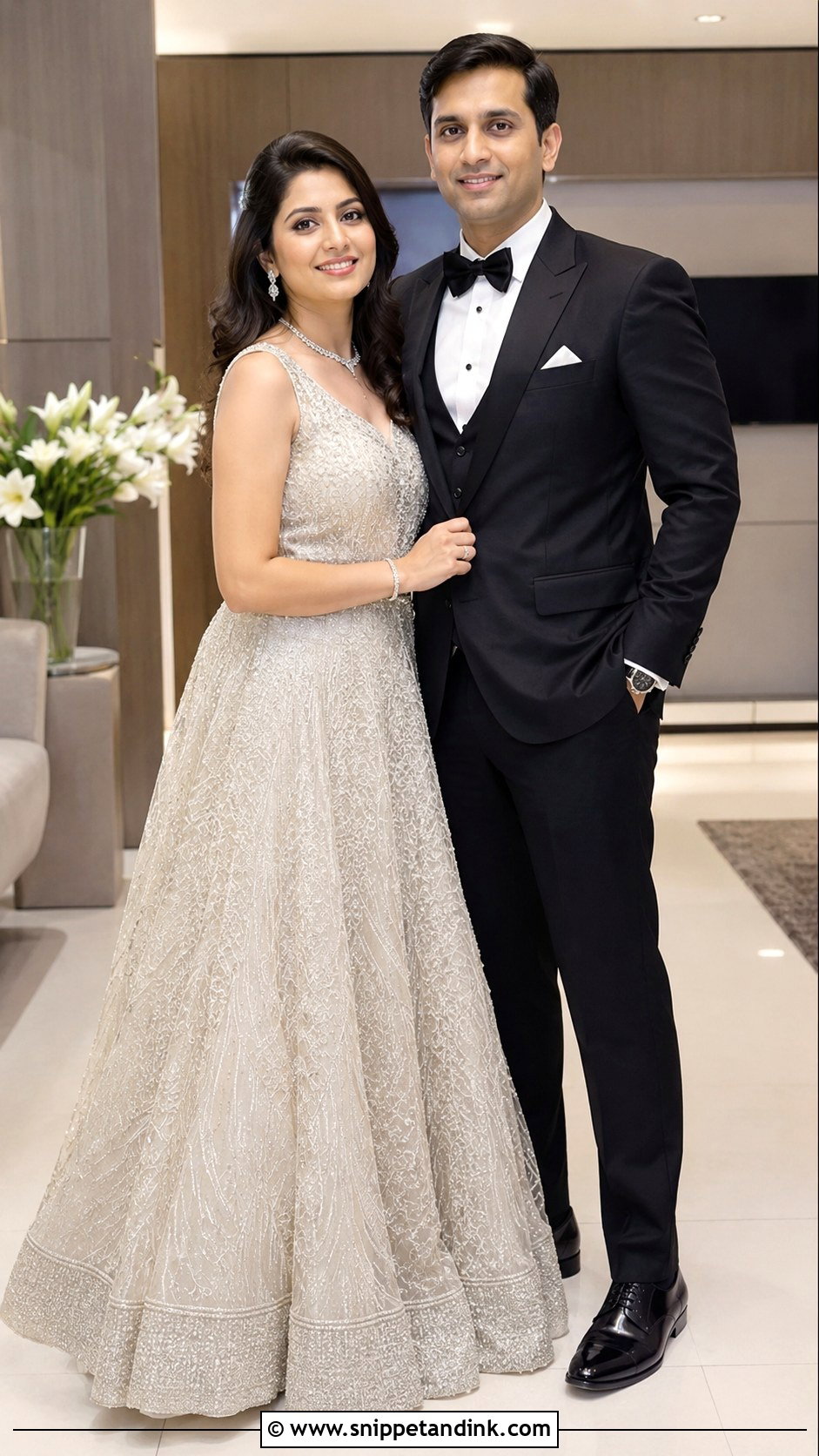 White Gown And Tuxedo - Snippet and Ink - 25 Indian Couple Ring Ceremony Dress Ideas