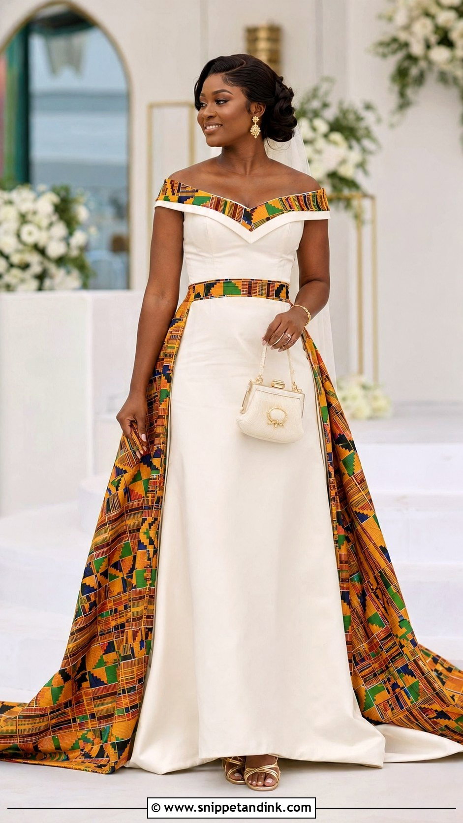 White Gown With Kente Bridal Outfit - Snippet and Ink - 20 African Bridal Ideas