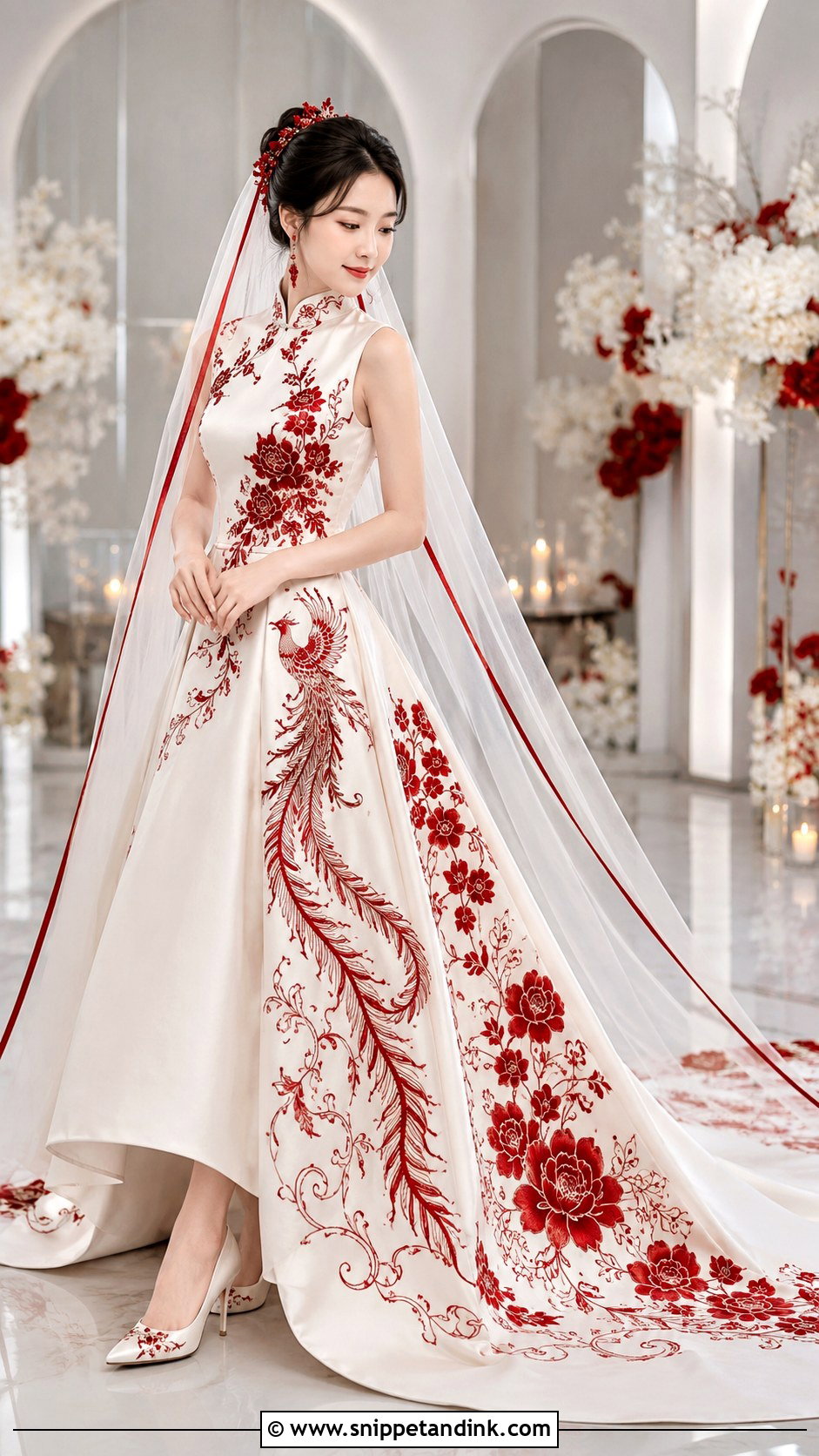 White Gown With Red Chinese Embroidery - Snippet and Ink - 20 Chinese Bridal Dress Ideas