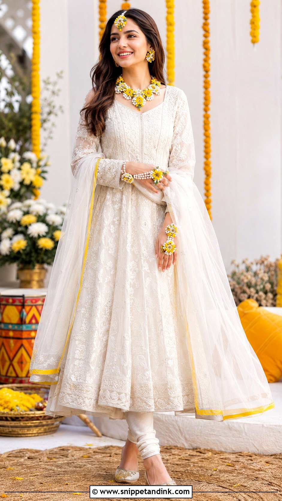 White Haldi Anarkali Suit With Floral Jewelry - Snippet and Ink - 25 White Haldi Outfit for Bride Ideas
