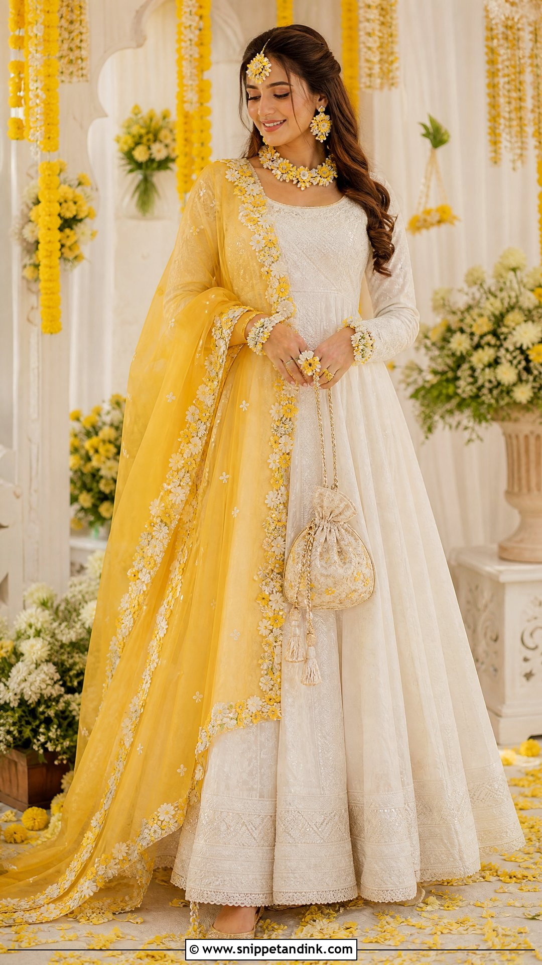 White Haldi Anarkali With Floral Jewelry - Snippet and Ink - 20 White Haldi Outfit Ideas