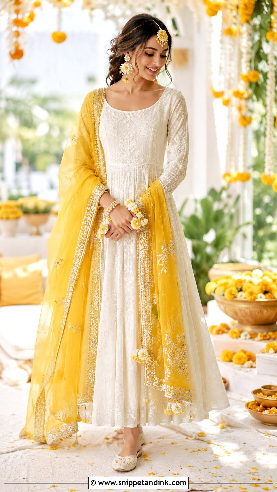 White Haldi Anarkali With Yellow Dupatta - Snippet and Ink - 25 White Haldi Outfit for Bride Ideas
