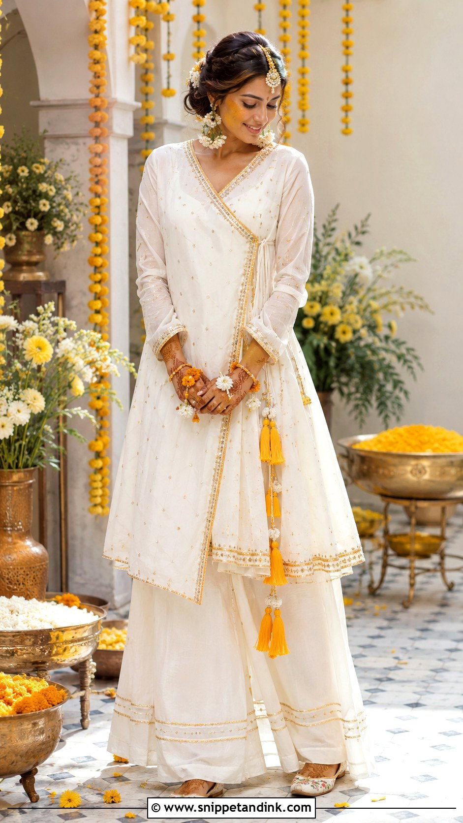 White Haldi Angrakha Suit With Juttis - Snippet and Ink - 25 White Haldi Outfit for Bride Ideas