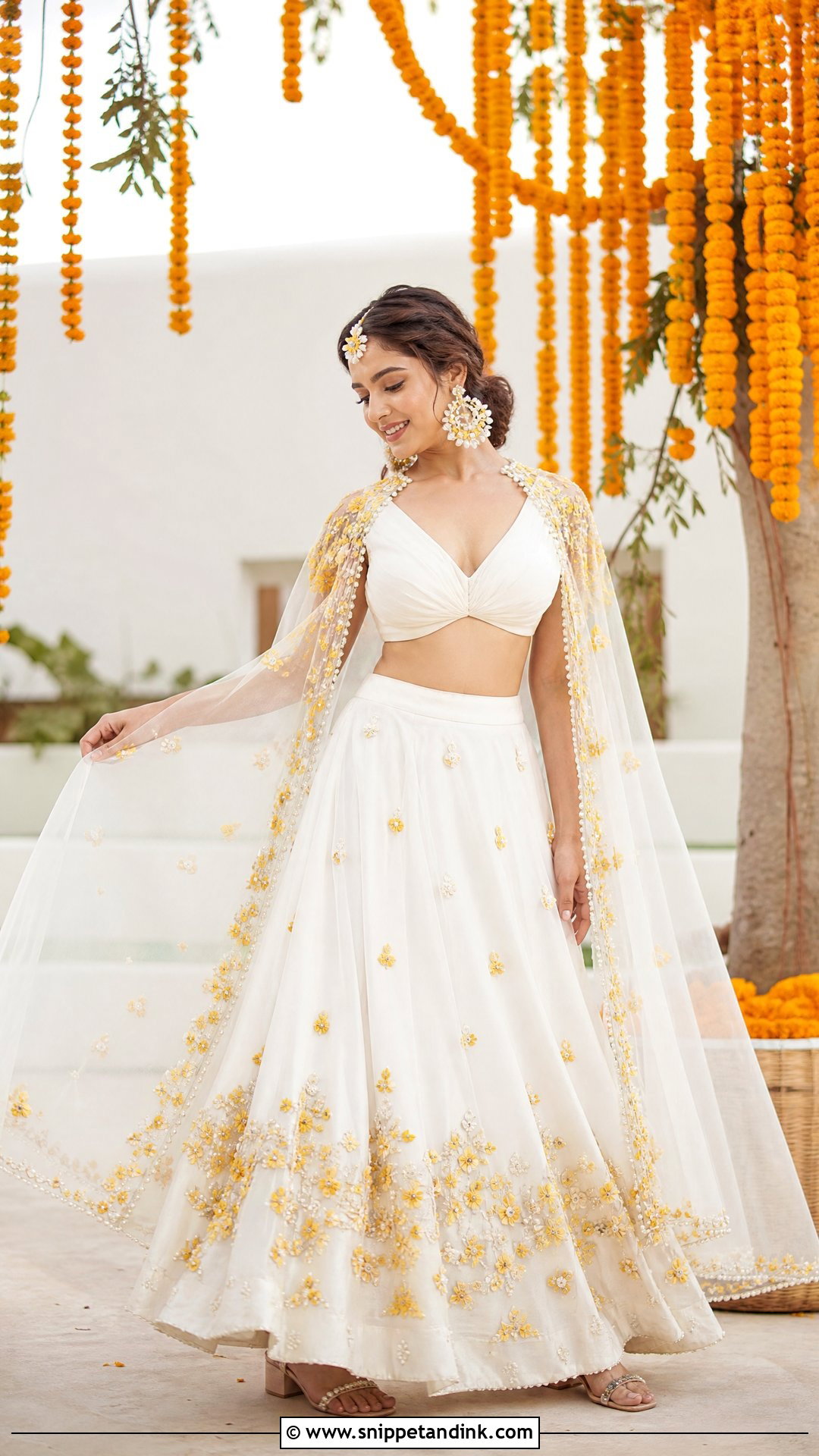 White Haldi Cape Lehenga - Snippet and Ink - 20 White Haldi Outfit Ideas