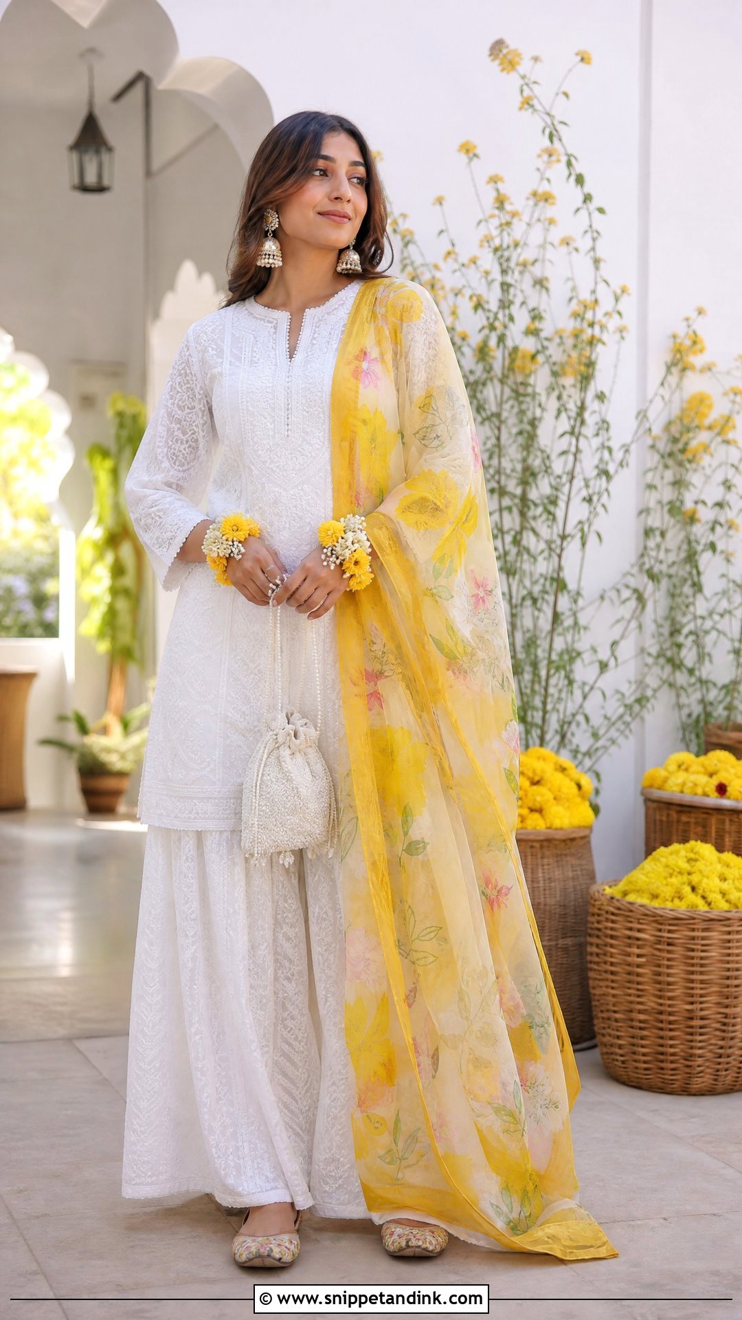 White Haldi Chikankari Kurta And Sharara - Snippet and Ink - 20 White Haldi Outfit Ideas