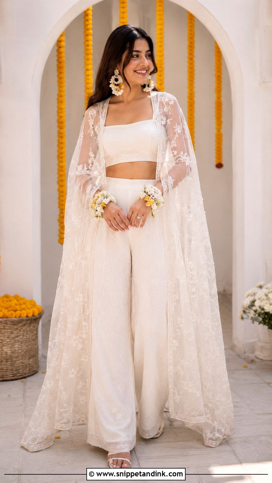 White Haldi Co Ord Set With Cape - Snippet and Ink - 25 White Haldi Outfit for Bride Ideas