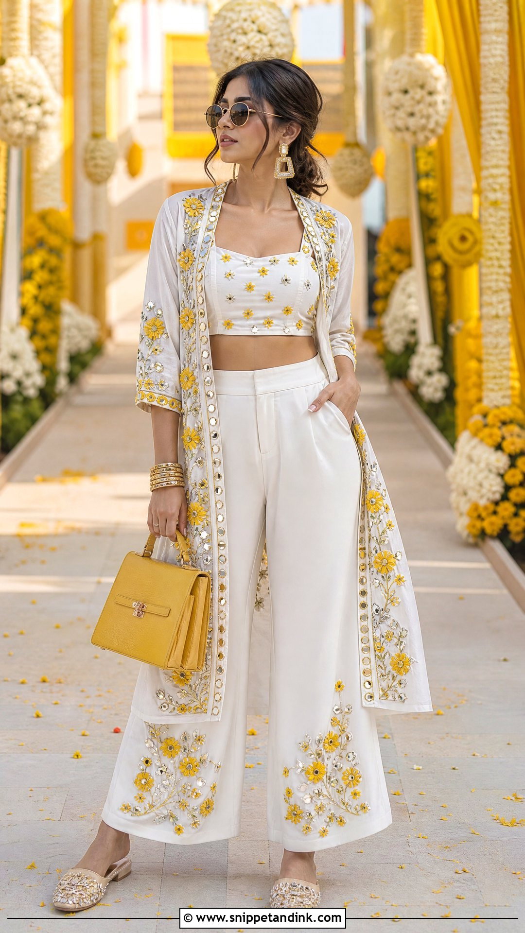 White Haldi Co Ord Set With Long Jacket - Snippet and Ink - 20 White Haldi Outfit Ideas