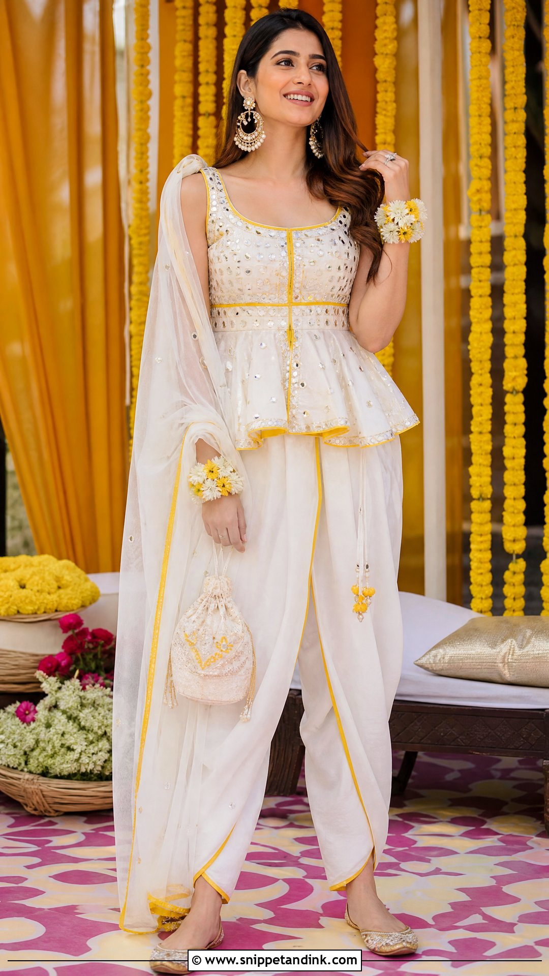 White Haldi Dhoti Pants And Peplum Top - Snippet and Ink - 20 White Haldi Outfit Ideas