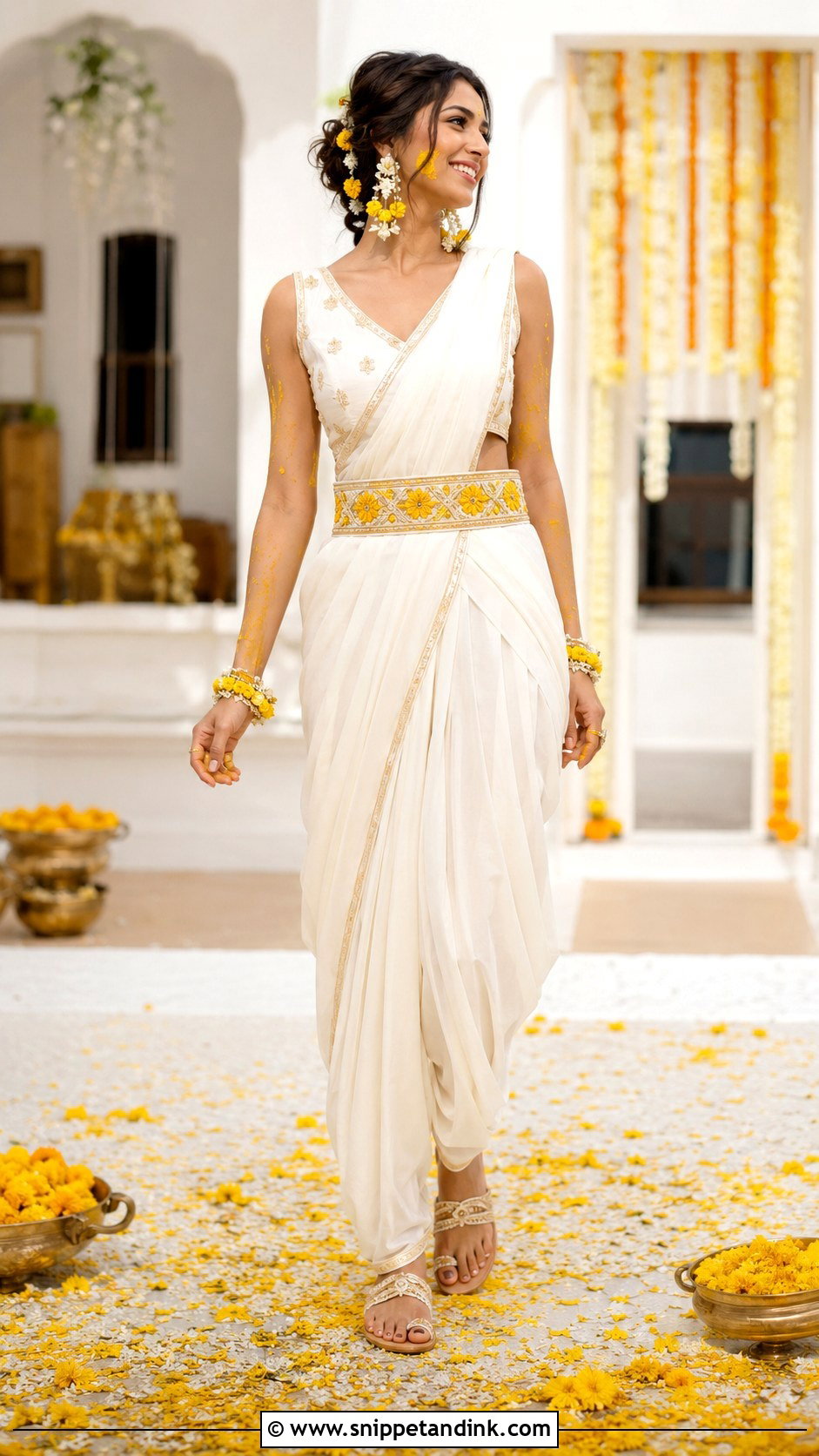 White Haldi Dhoti Saree Outfit - Snippet and Ink - 25 White Haldi Outfit for Bride Ideas