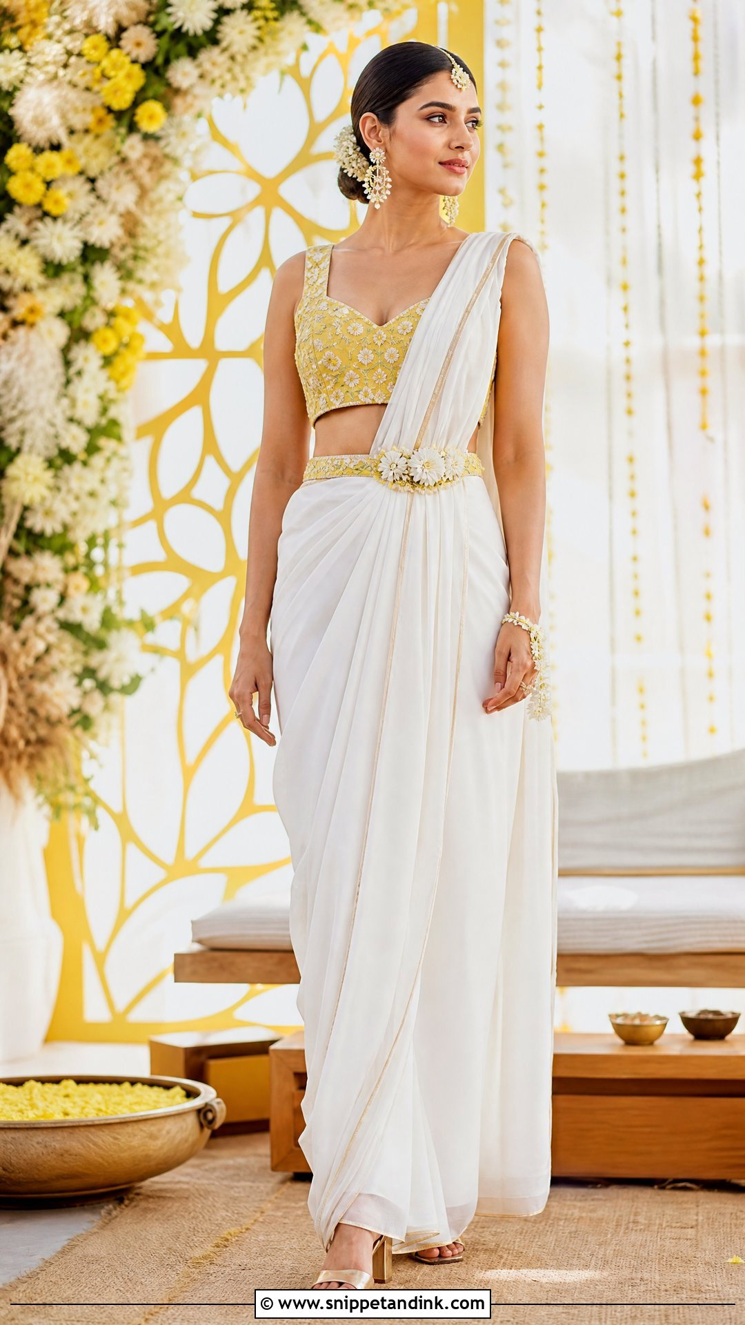 White Haldi Drape Saree With Crop Blouse - Snippet and Ink - 20 White Haldi Outfit Ideas