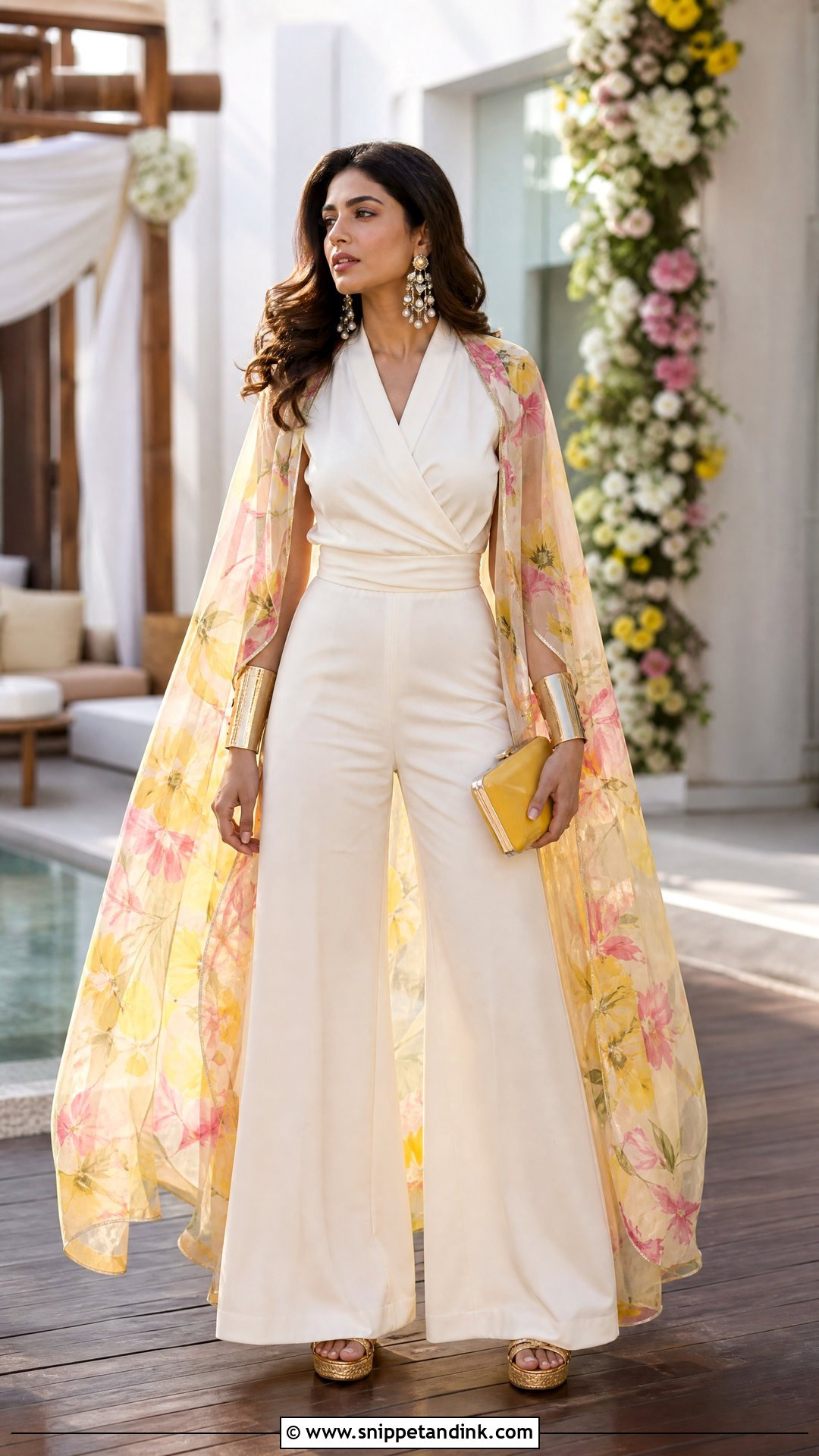 White Haldi Jumpsuit With Floral Cape - Snippet and Ink - 20 White Haldi Outfit Ideas