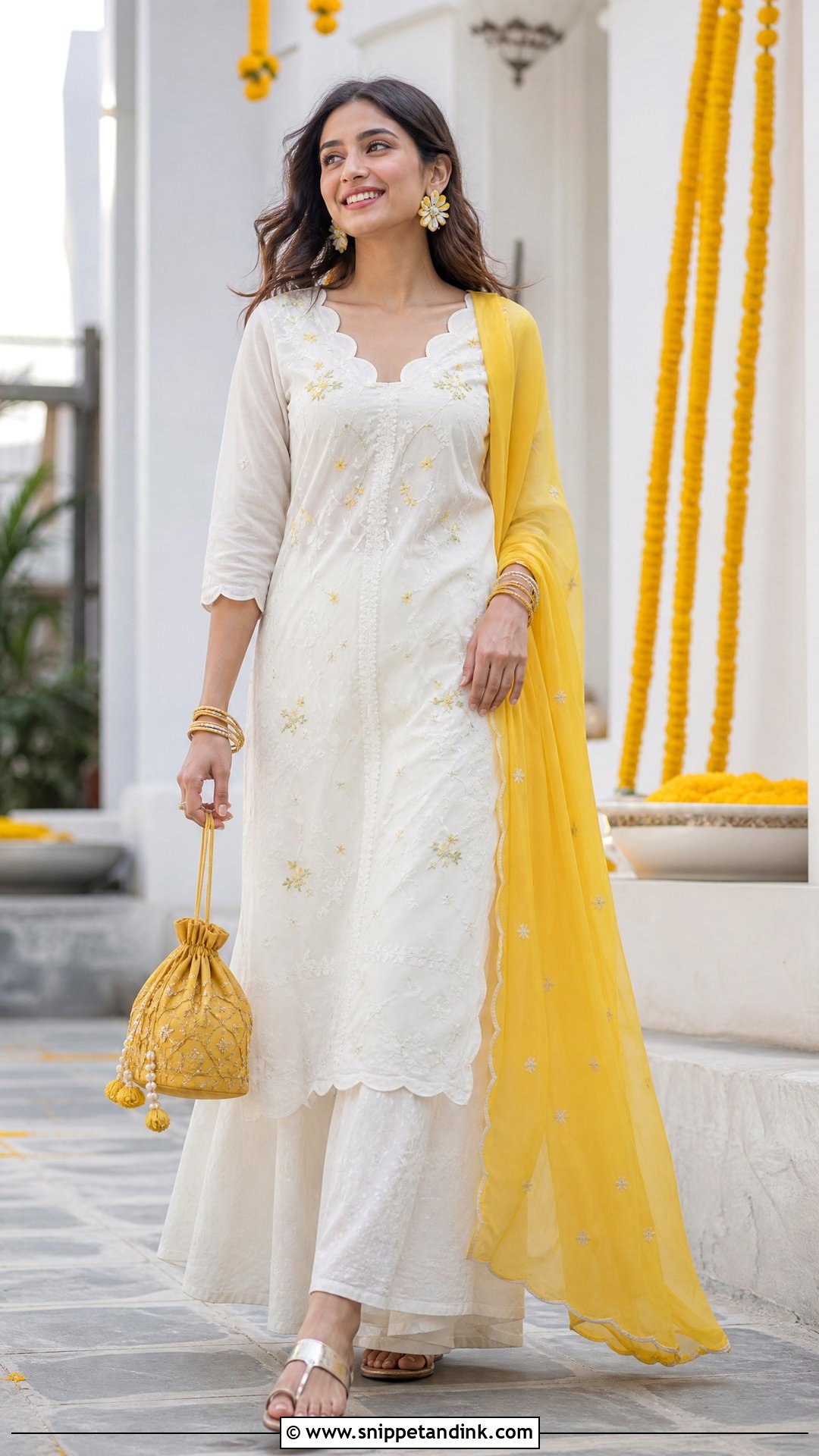 White Haldi Kurta And Palazzo Set - Snippet and Ink - 20 White Haldi Outfit Ideas