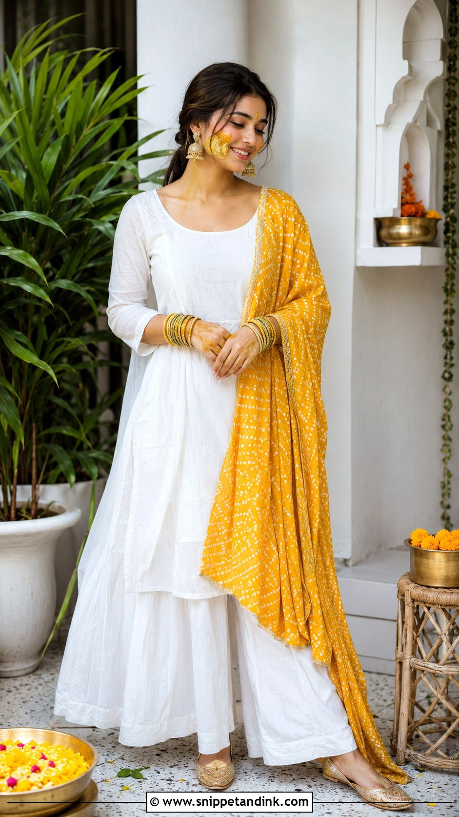 White Haldi Kurta Palazzo Set - Snippet and Ink - 25 White Haldi Outfit for Bride Ideas