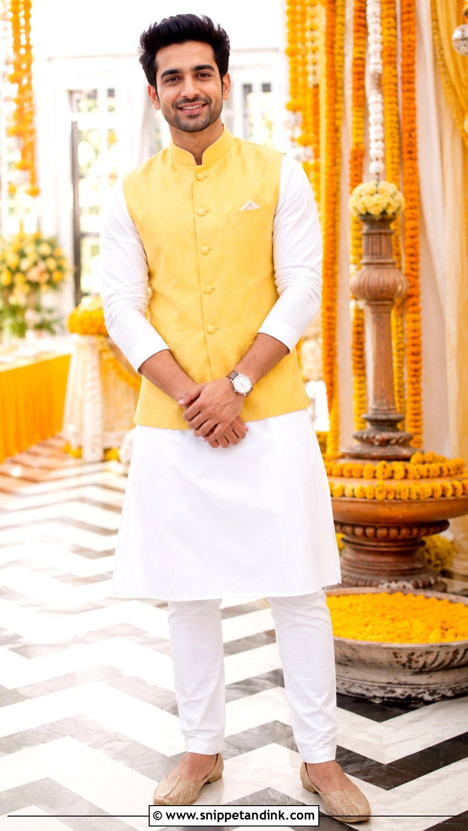 White Haldi Kurta With Yellow Nehru Jacket - Snippet and Ink - 20 Haldi Outfit for Bride Brother Ideas