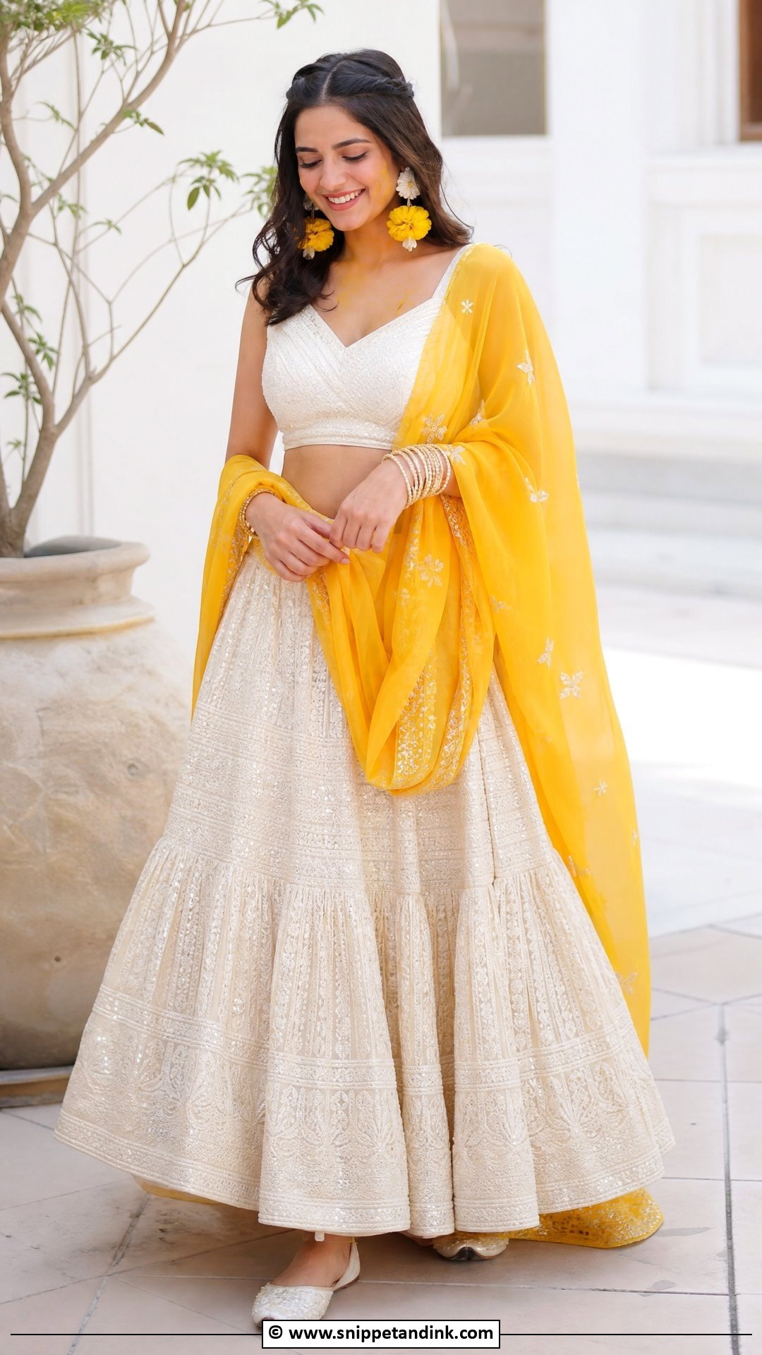 White Haldi Lehenga Outfit - Snippet and Ink - 35 Haldi Ceremony Outfit Ideas