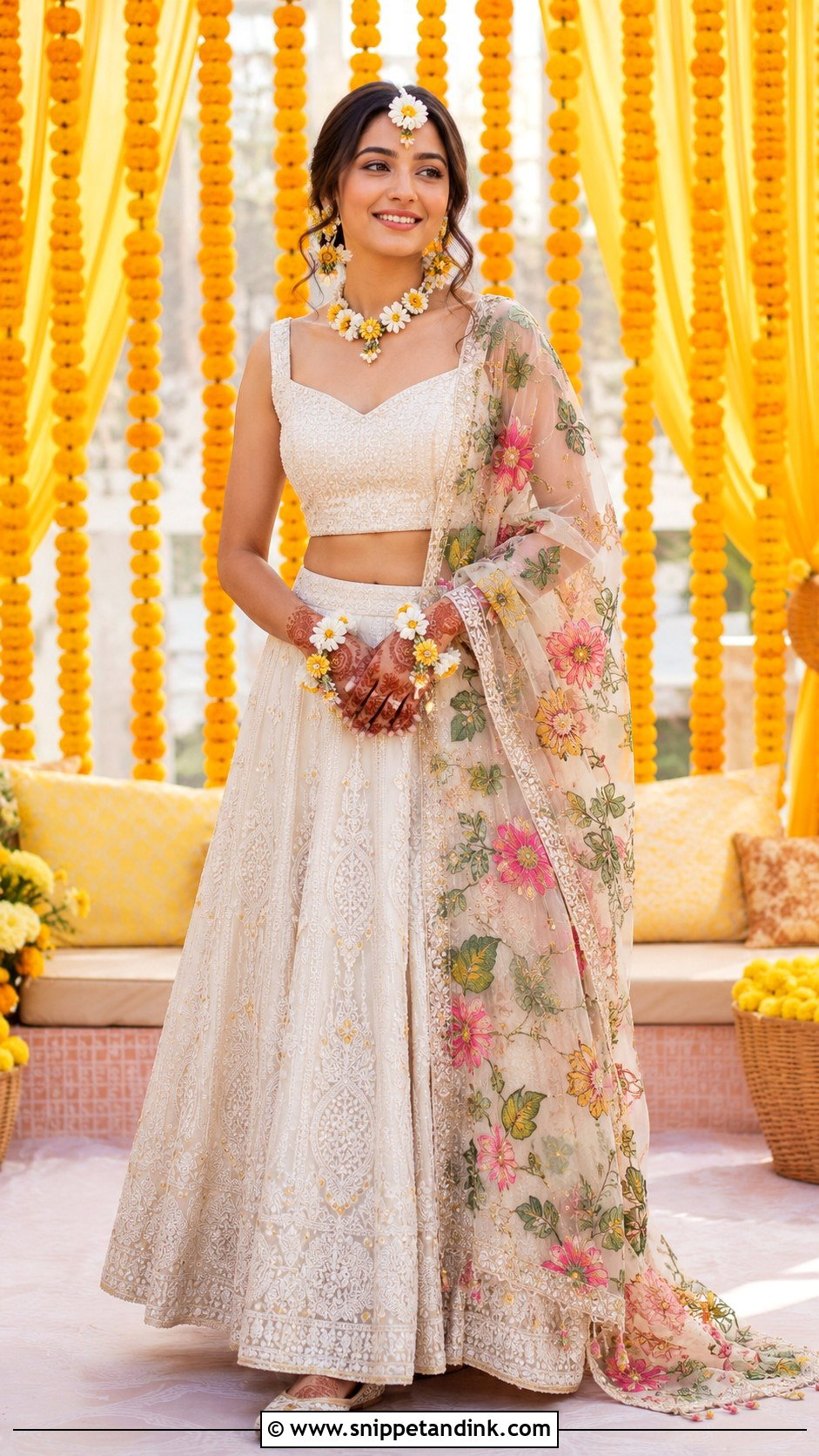 White Haldi Lehenga With Floral Dupatta - Snippet and Ink - 25 White Haldi Outfit for Bride Ideas