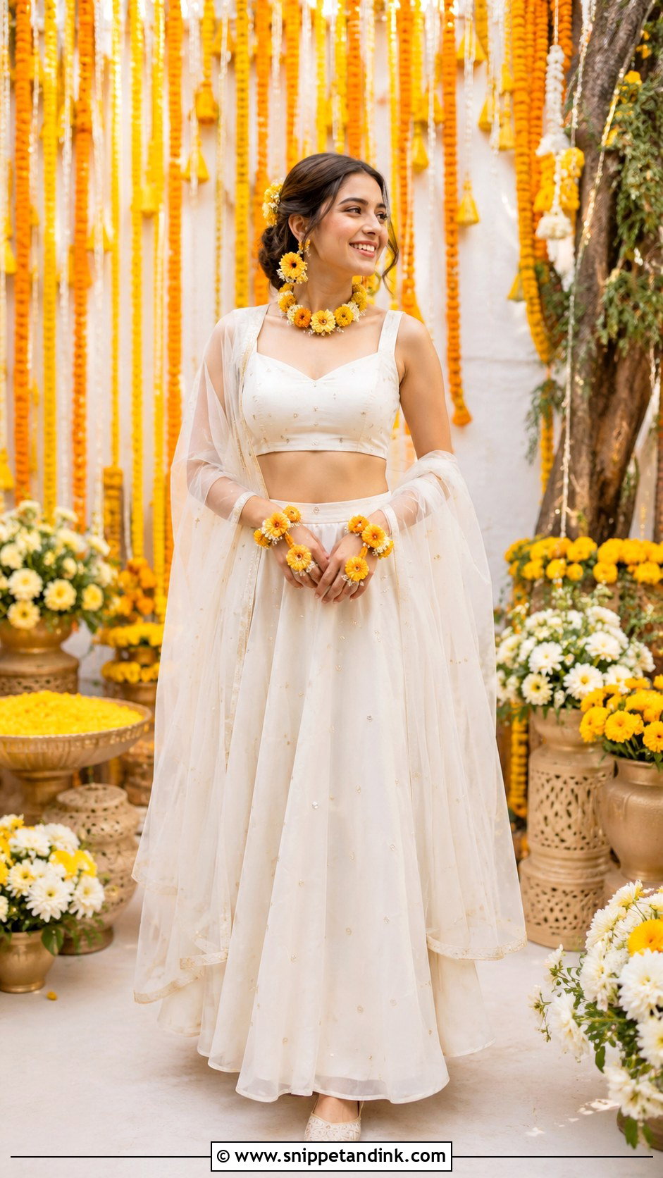 White Haldi Lehenga With Marigold Jewelry - Snippet and Ink - 25 White Haldi Outfit for Bride Ideas