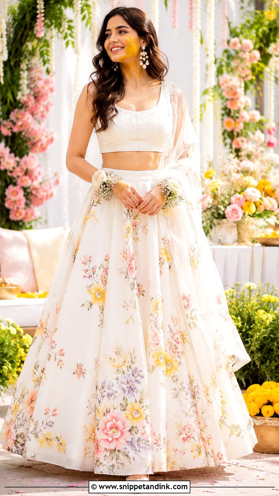 White Haldi Lehenga With Pastel Floral Print - Snippet and Ink - 25 White Haldi Outfit for Bride Ideas