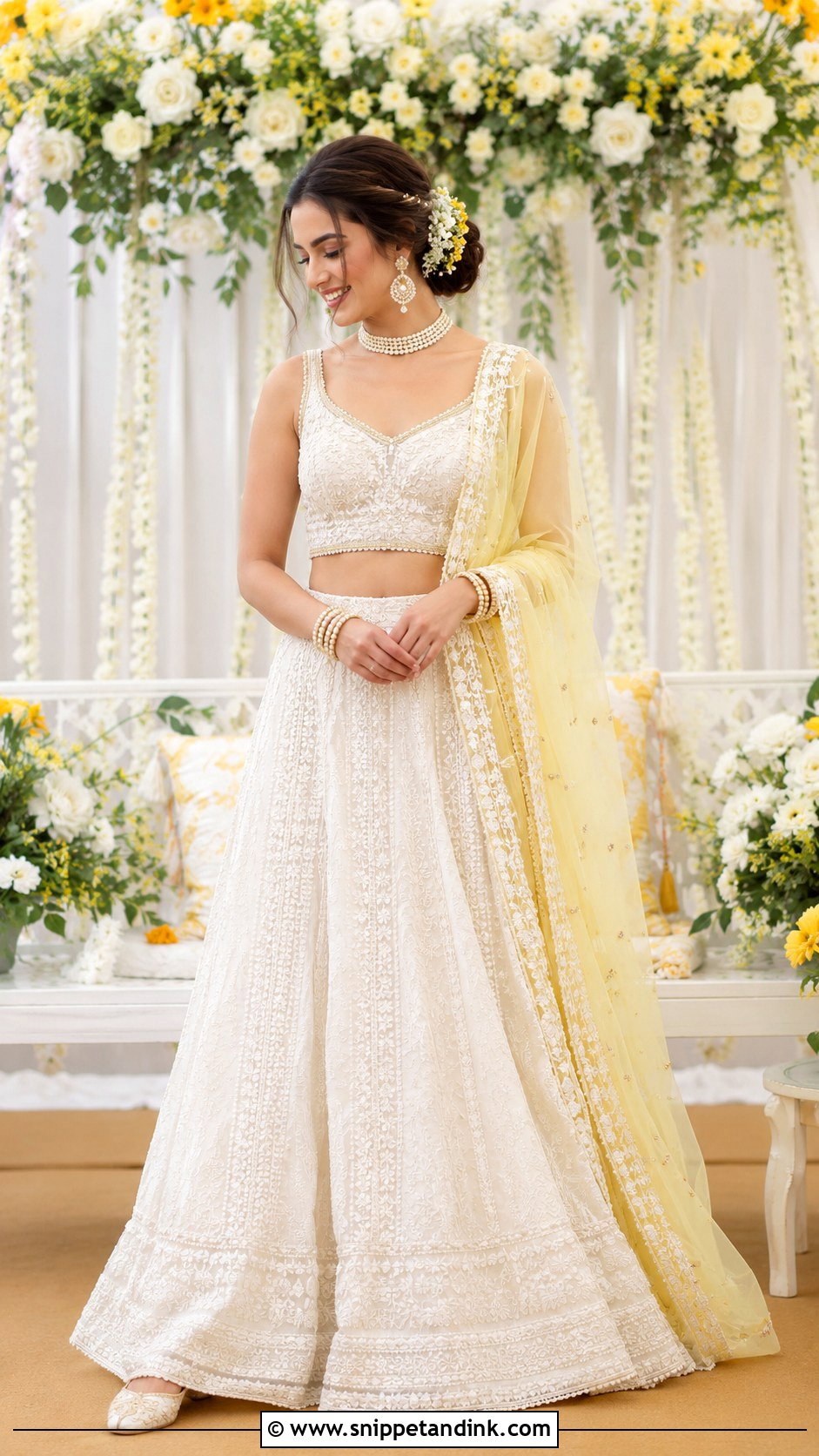 White Haldi Lehenga With Pearl Jewelry - Snippet and Ink - 25 White Haldi Outfit for Bride Ideas