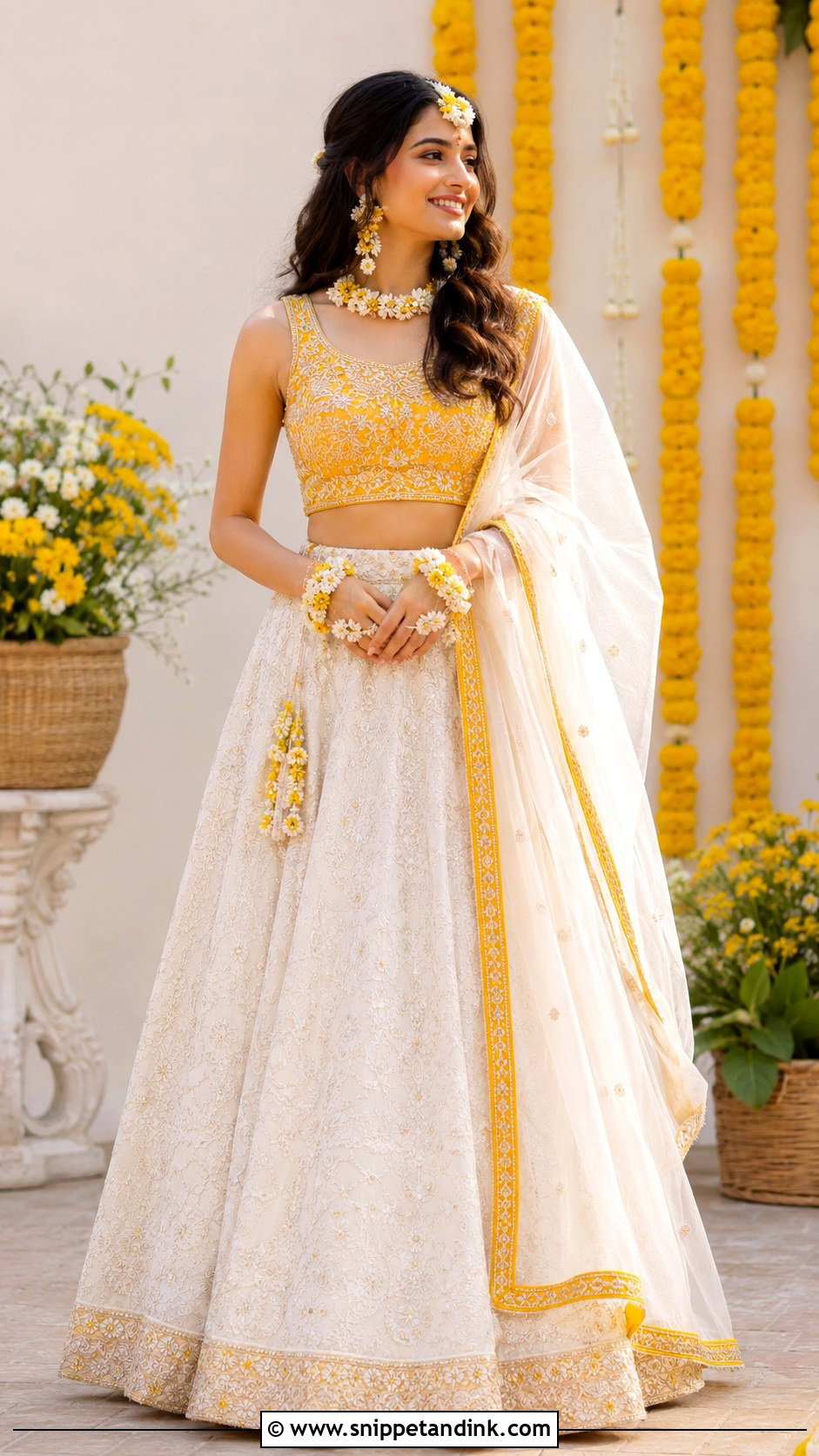 White Haldi Lehenga With Yellow Blouse - Snippet and Ink - 25 White Haldi Outfit for Bride Ideas