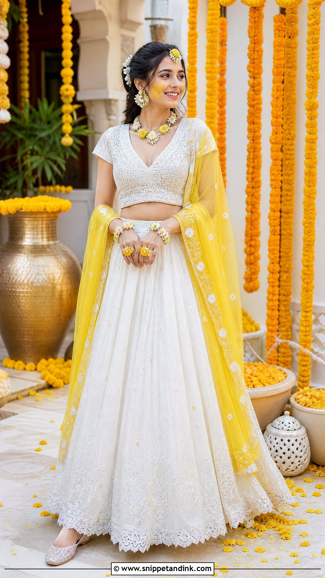 White Haldi Lehenga With Yellow Dupatta - Snippet and Ink - 20 White Haldi Outfit Ideas