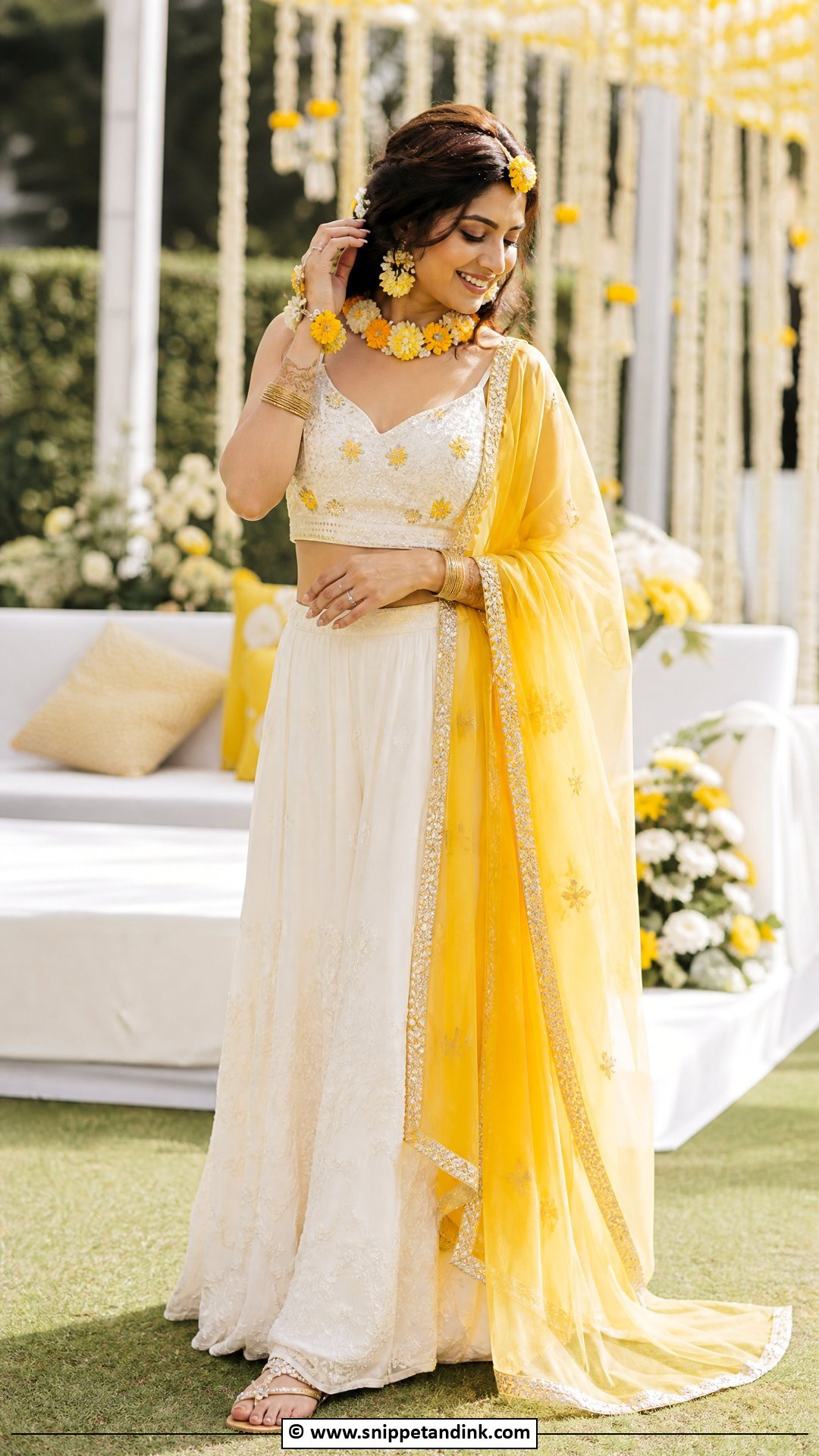 White Haldi Lehenga With Yellow Dupatta - Snippet and Ink - 35 Latest Haldi Outfits