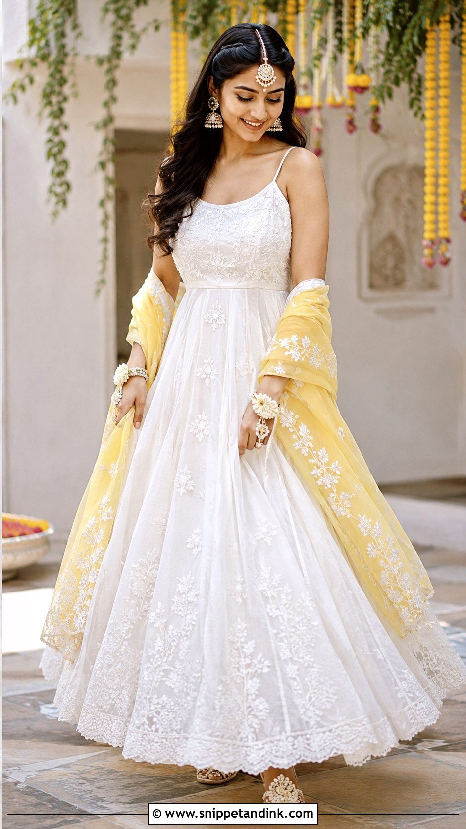 White Haldi Maxi Dress With Indian Jewelry - Snippet and Ink - 25 White Haldi Outfit for Bride Ideas