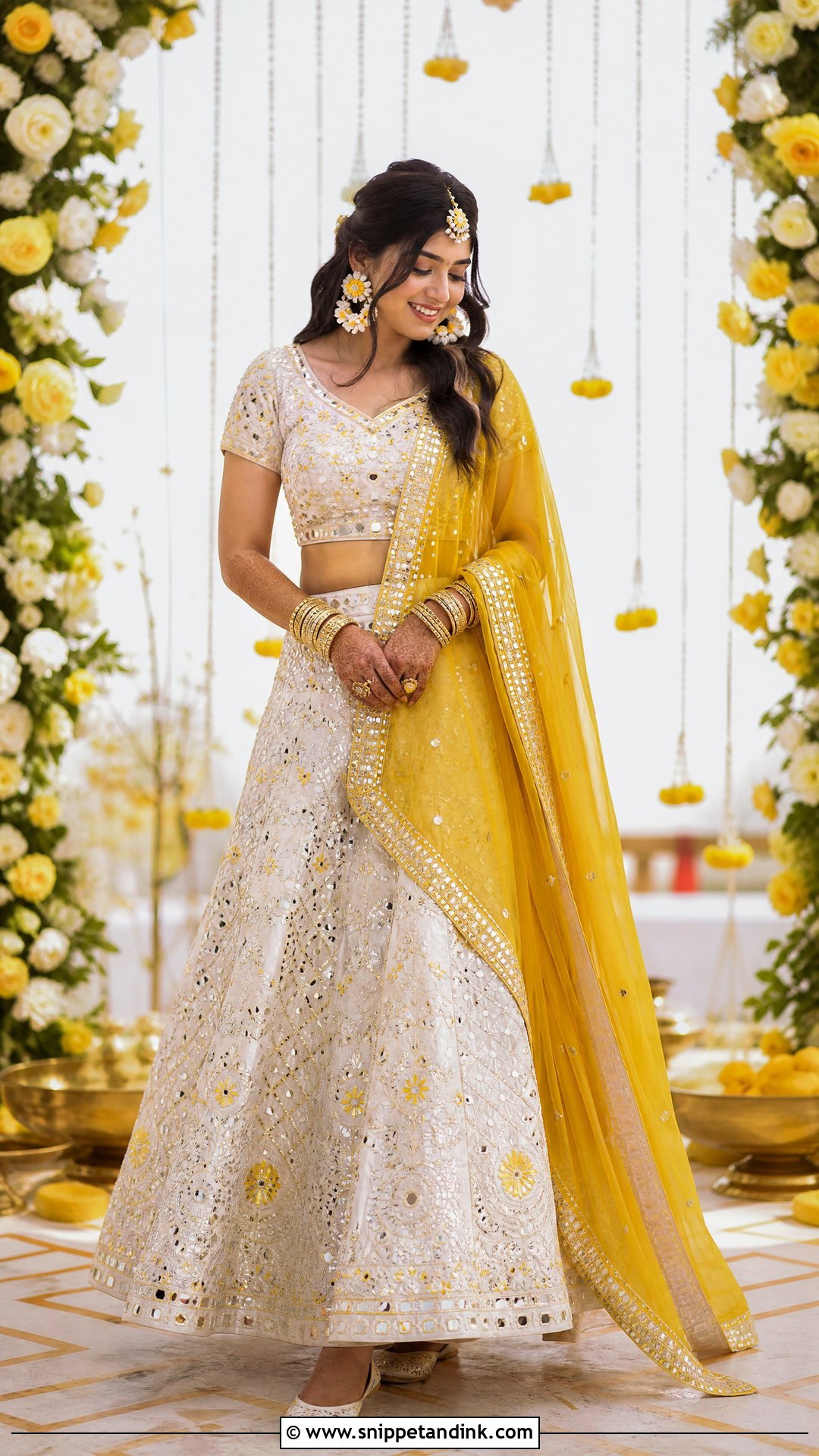 White Haldi Mirror Work Lehenga - Snippet and Ink - 20 White Haldi Outfit Ideas