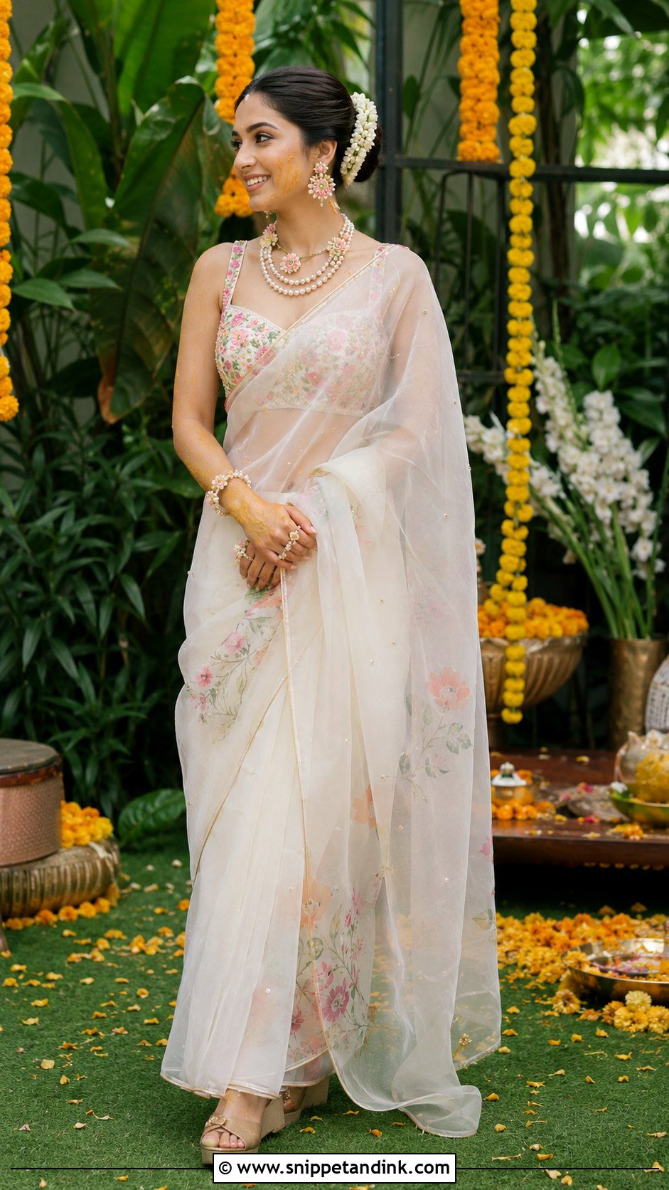 White Haldi Organza Saree With Floral Blouse - Snippet and Ink - 25 White Haldi Outfit for Bride Ideas